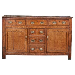 19th Century English Oak Buffet with Six Drawers, Two Doors and Brass Hardware