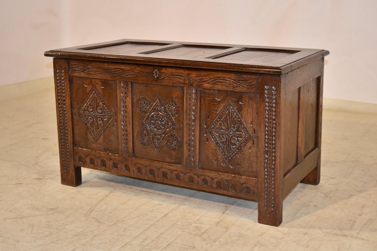 19th Century English Oak Carved Blanket Chest For Sale 1