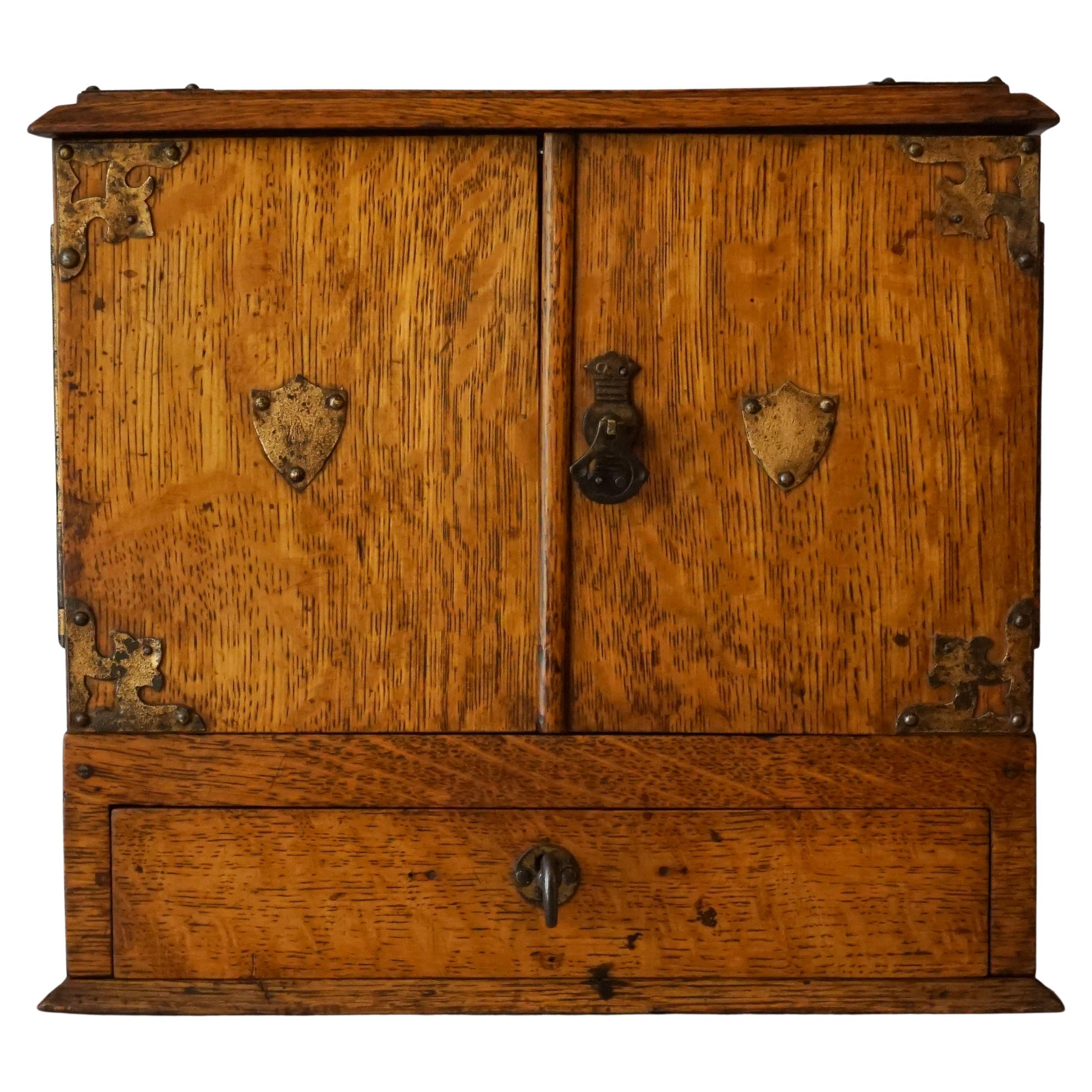 19th Century English Oak Cigar Humidor Box Cabinet with Cedar Interior Drawers