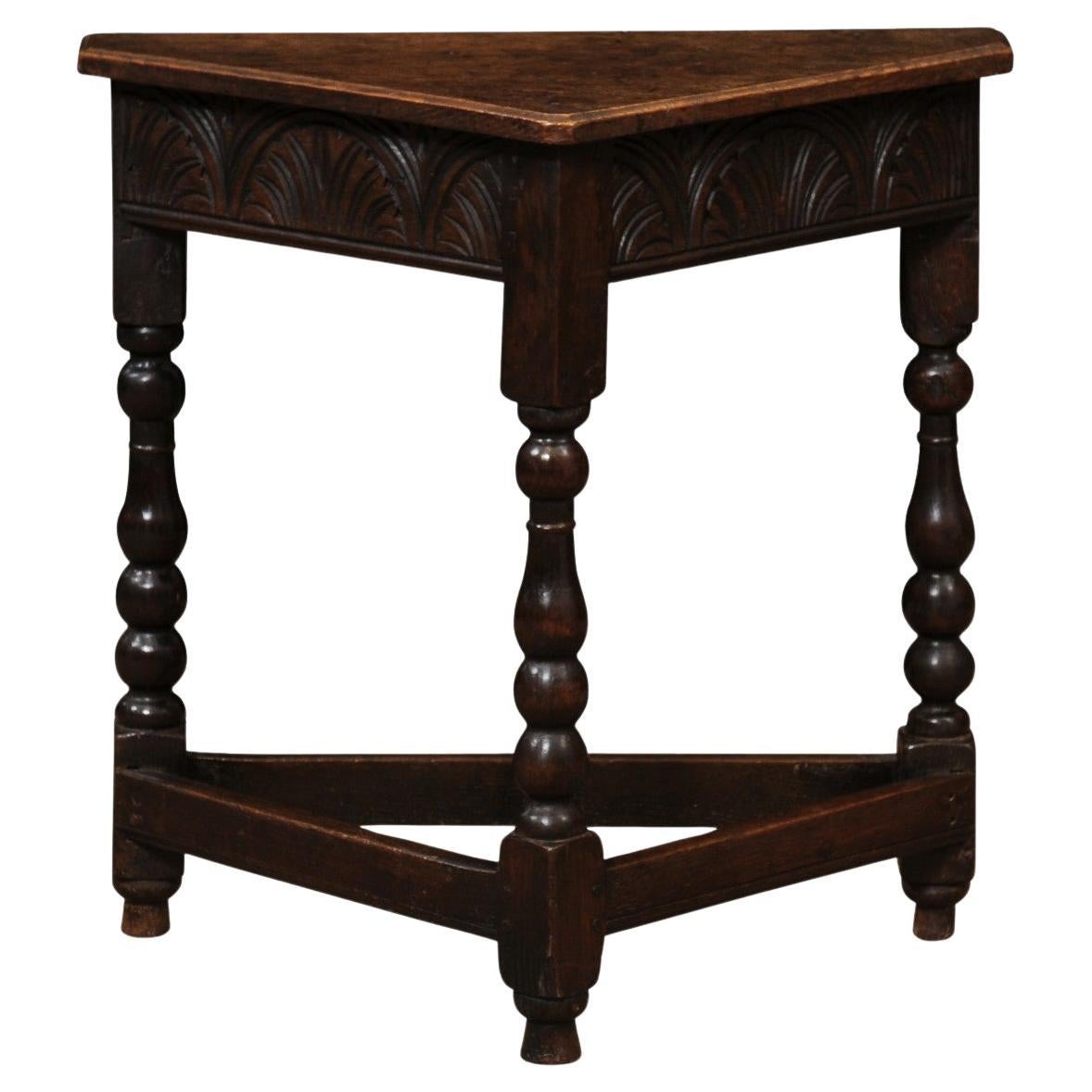 19th Century English Oak Corner Table with Carved Frieze & Stretchers