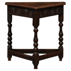 Used 19th Century English Oak Corner Table with Carved Frieze & Stretchers