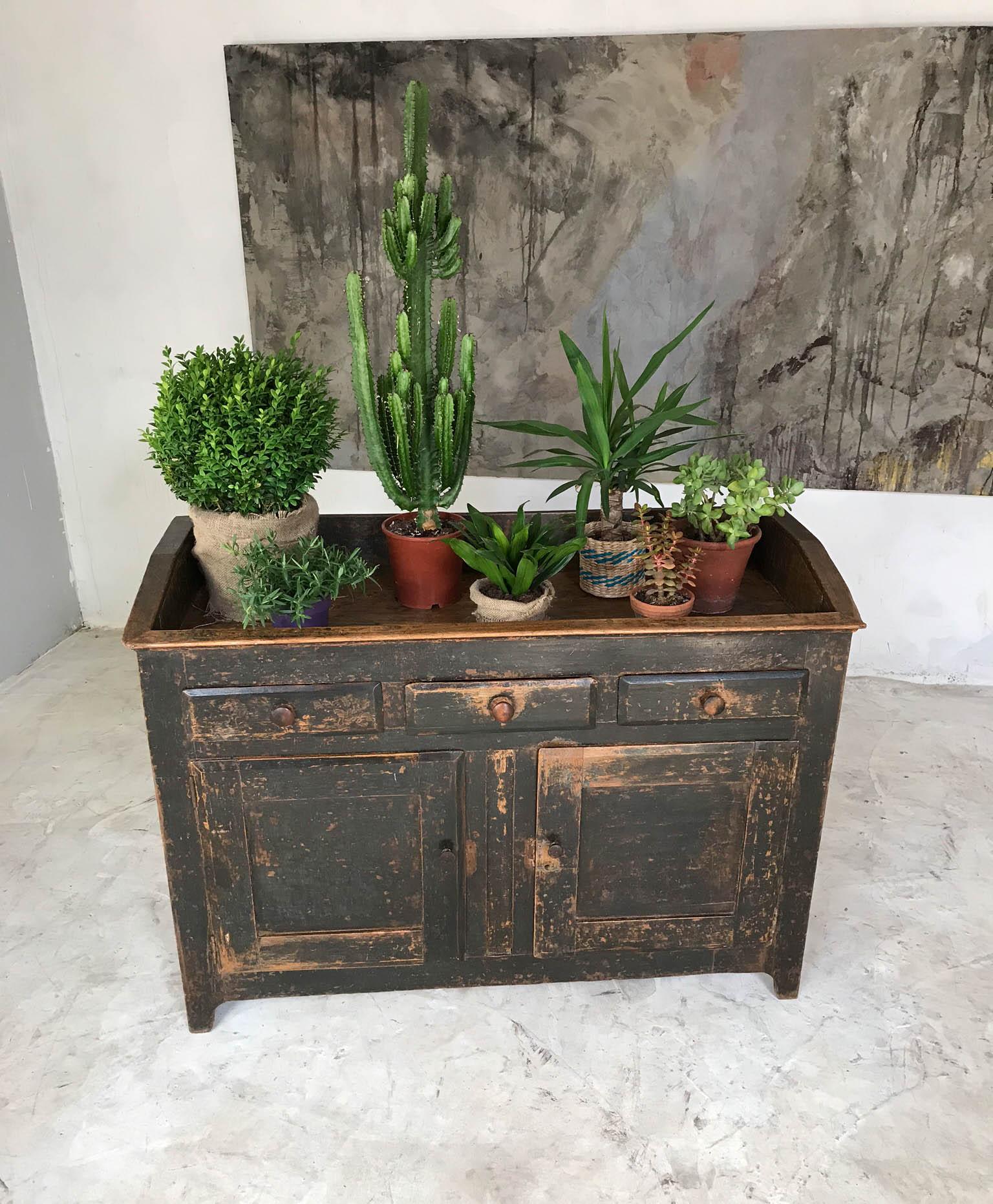 19th Century English Oak Cupboard Sideboard Waiter Station Original Black Paint 5