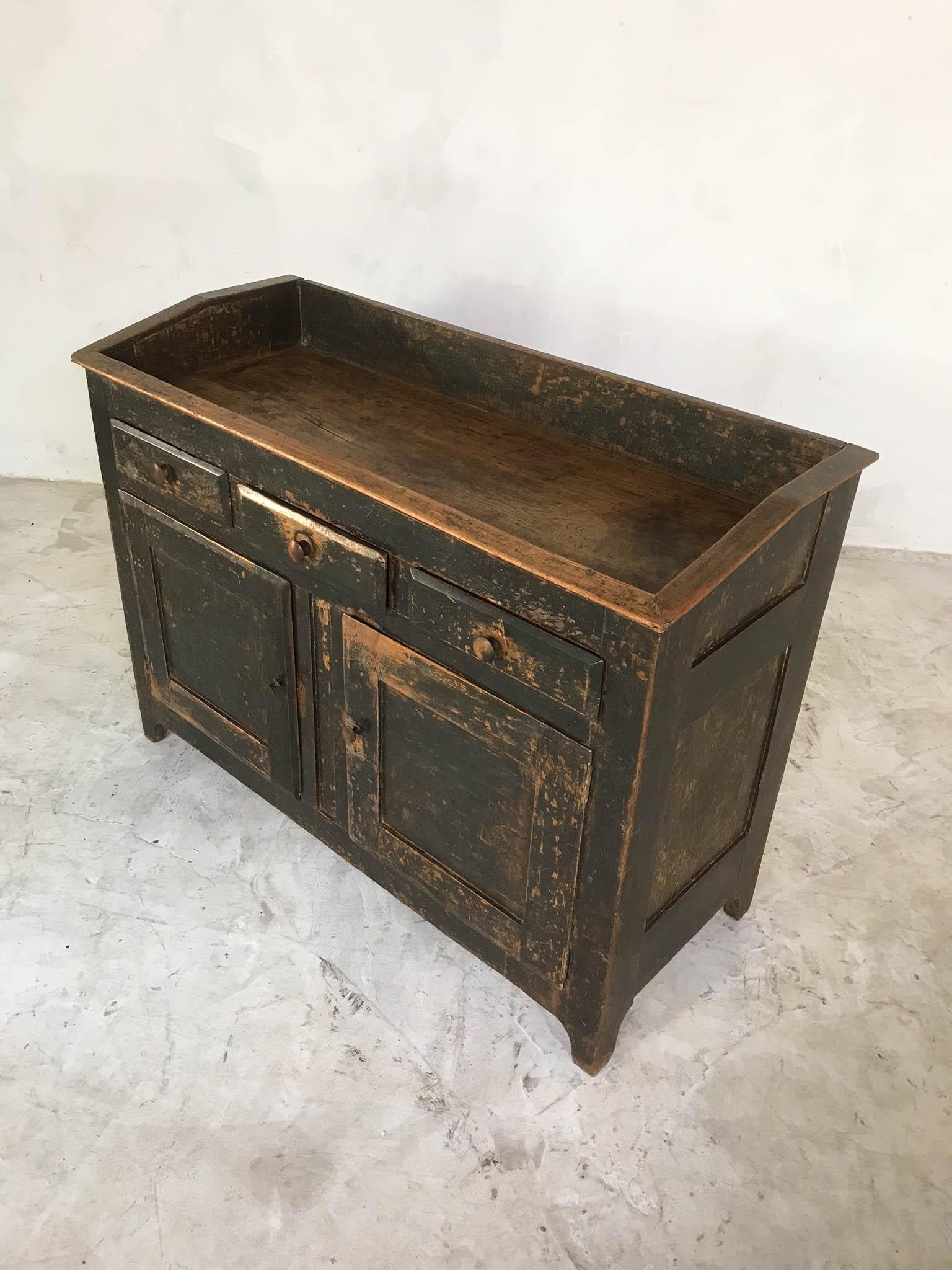 19th Century English Oak Cupboard Sideboard Waiter Station Original Black Paint In Good Condition In Culverthorpe, Lincs