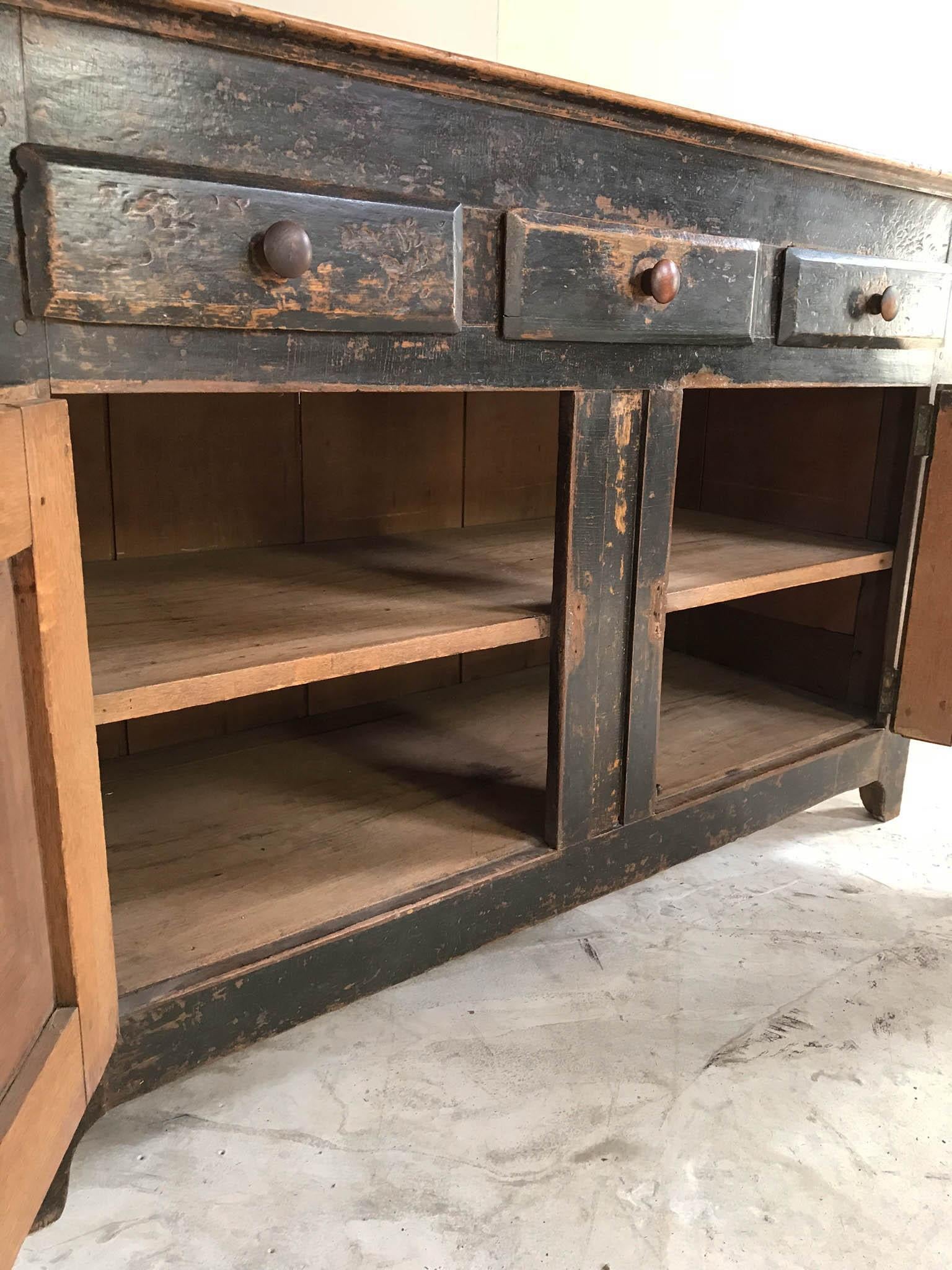 Late 19th Century 19th Century English Oak Cupboard Sideboard Waiter Station Original Black Paint