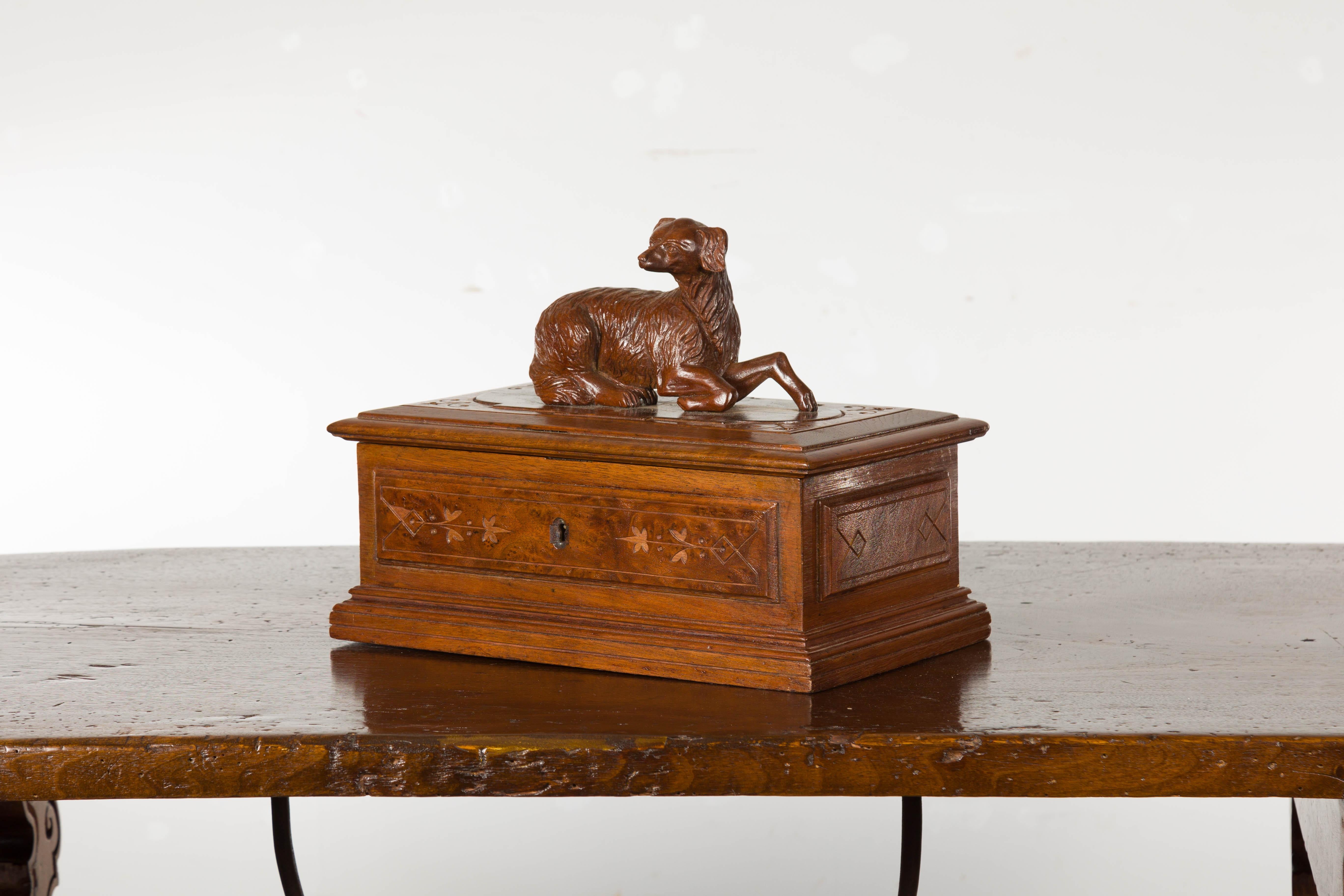 19th Century English Oak Decorative Box with Dog Carving For Sale 12