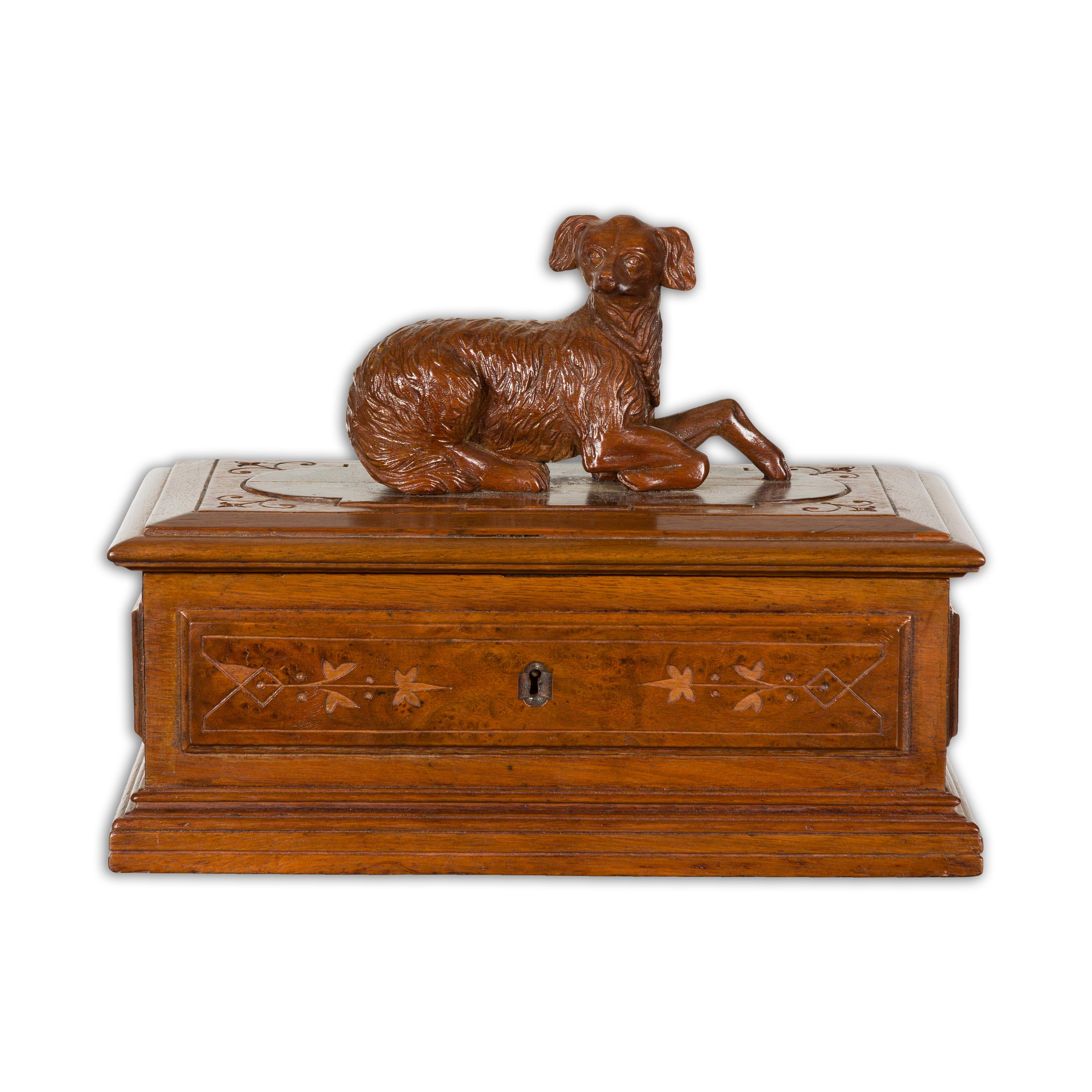 19th Century English Oak Decorative Box with Dog Carving For Sale 13