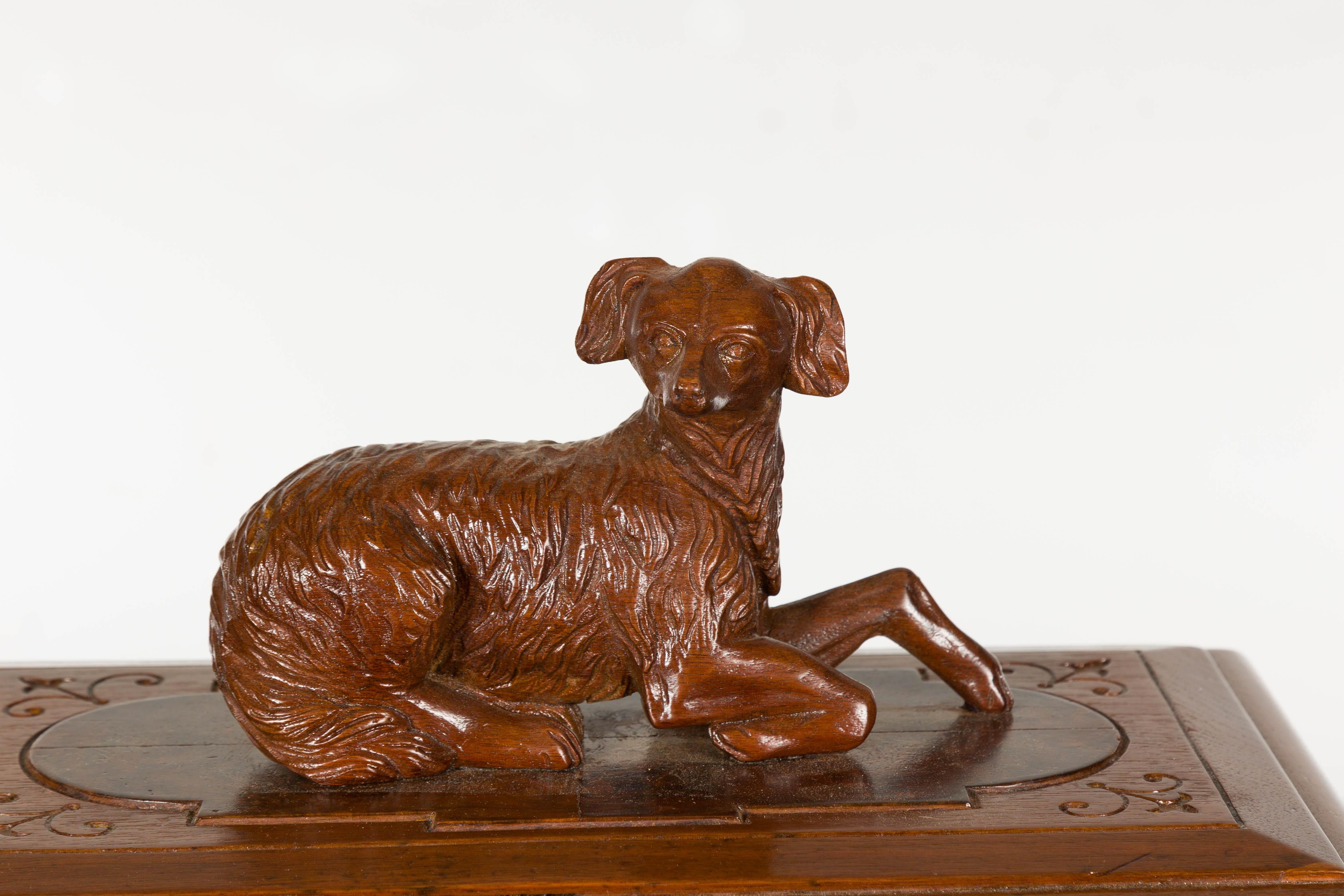 Carved 19th Century English Oak Decorative Box with Dog Carving For Sale