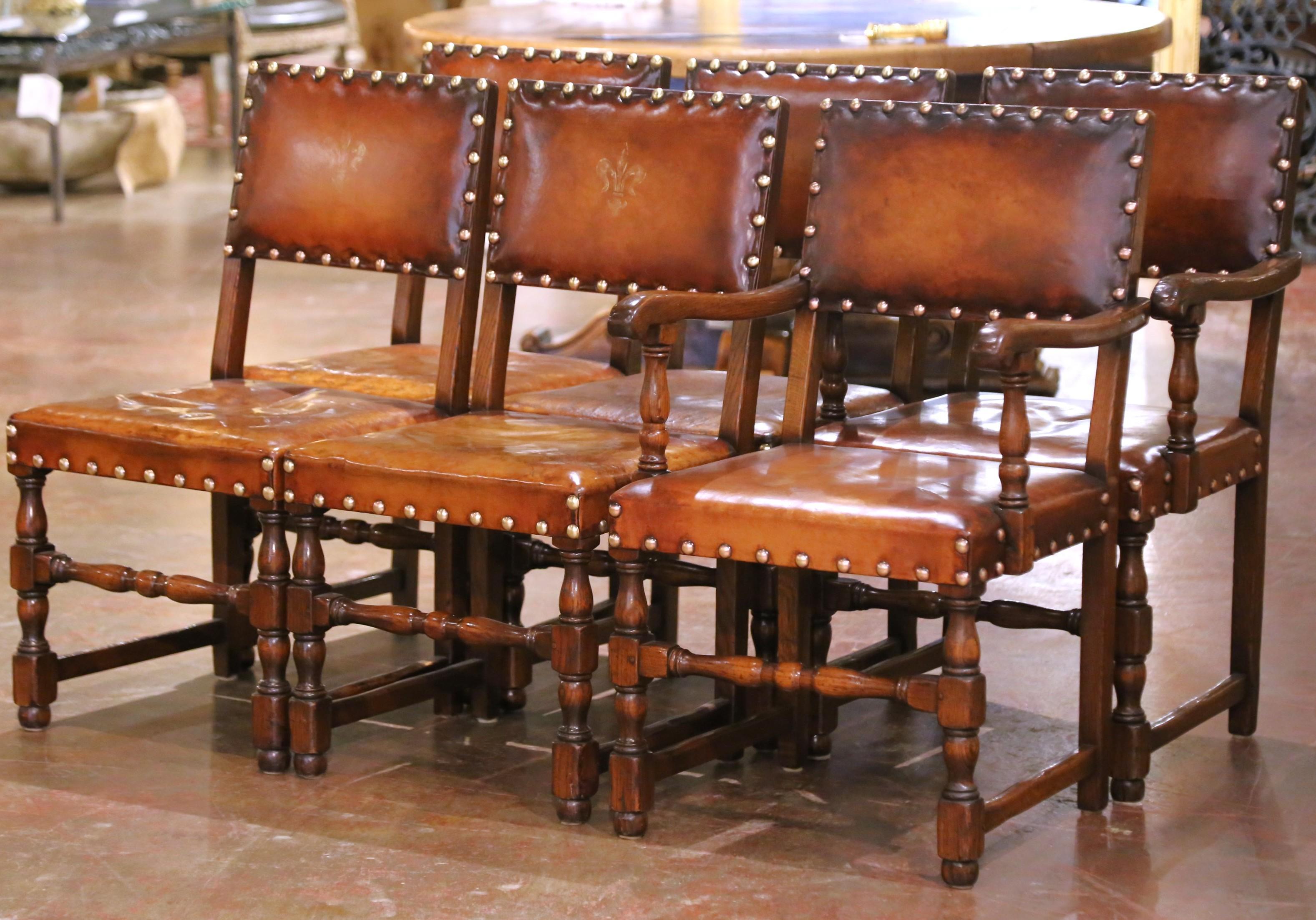 Englische Eichenstühle und -sessel des 19. Jahrhunderts mit Ledersitzen, 6-teilig im Zustand „Gut“ im Angebot in Dallas, TX