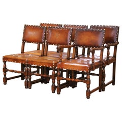 19th Century English Oak Dining Chairs & Armchairs with Leather Seats, Set of 6