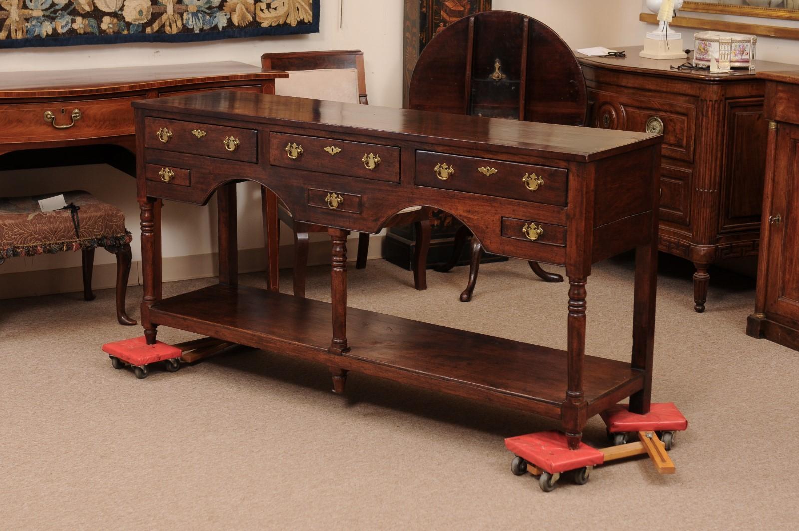 19th Century English Oak Dresser Base / Server with 6 Drawers, Turned Supports a 8