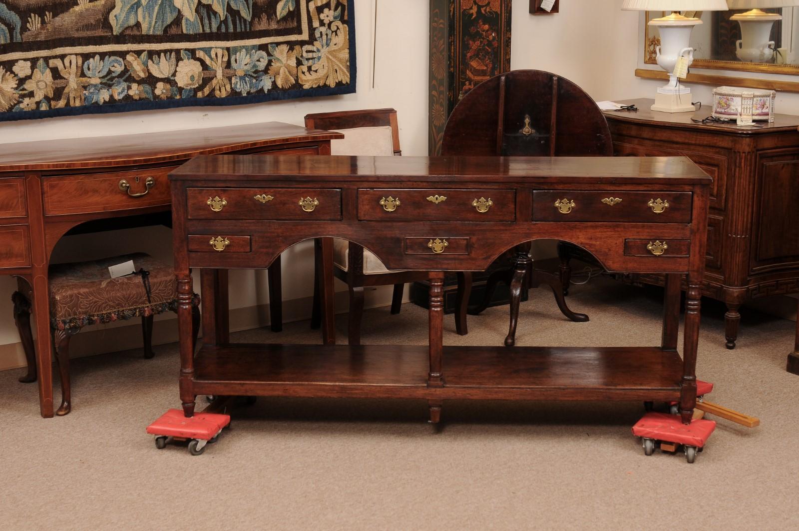 19th Century English Oak Dresser Base / Server with 6 Drawers, Turned Supports a 9