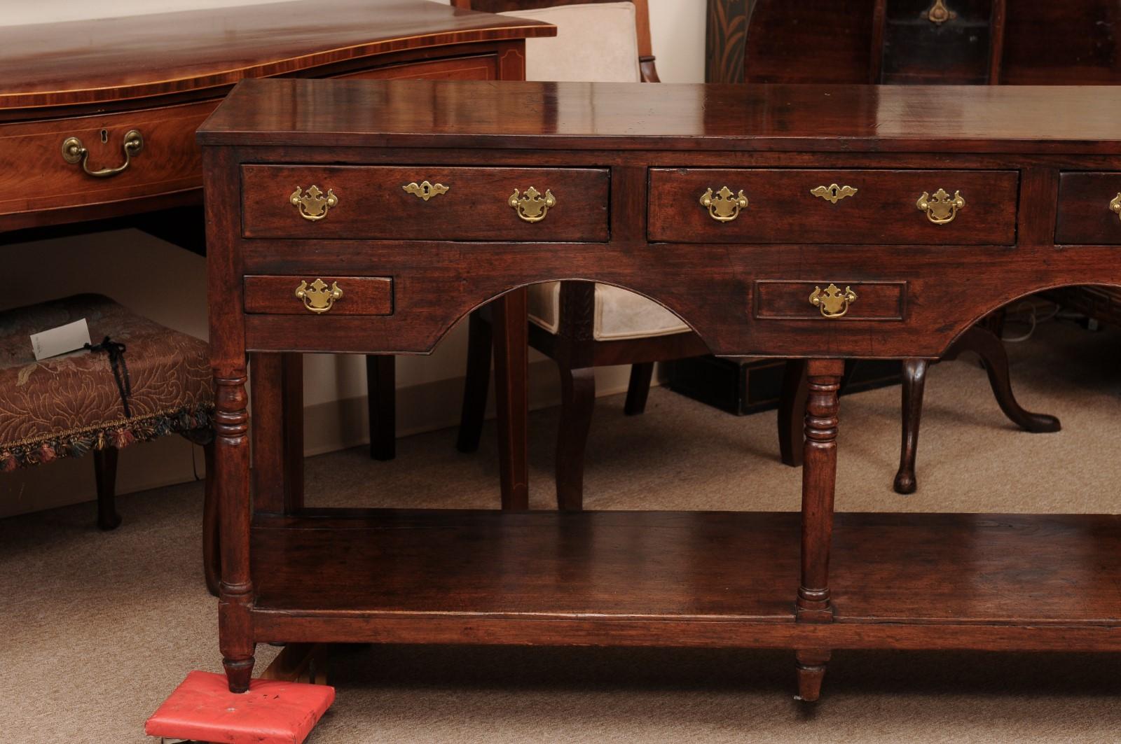 19th Century English Oak Dresser Base / Server with 6 Drawers, Turned Supports a 11