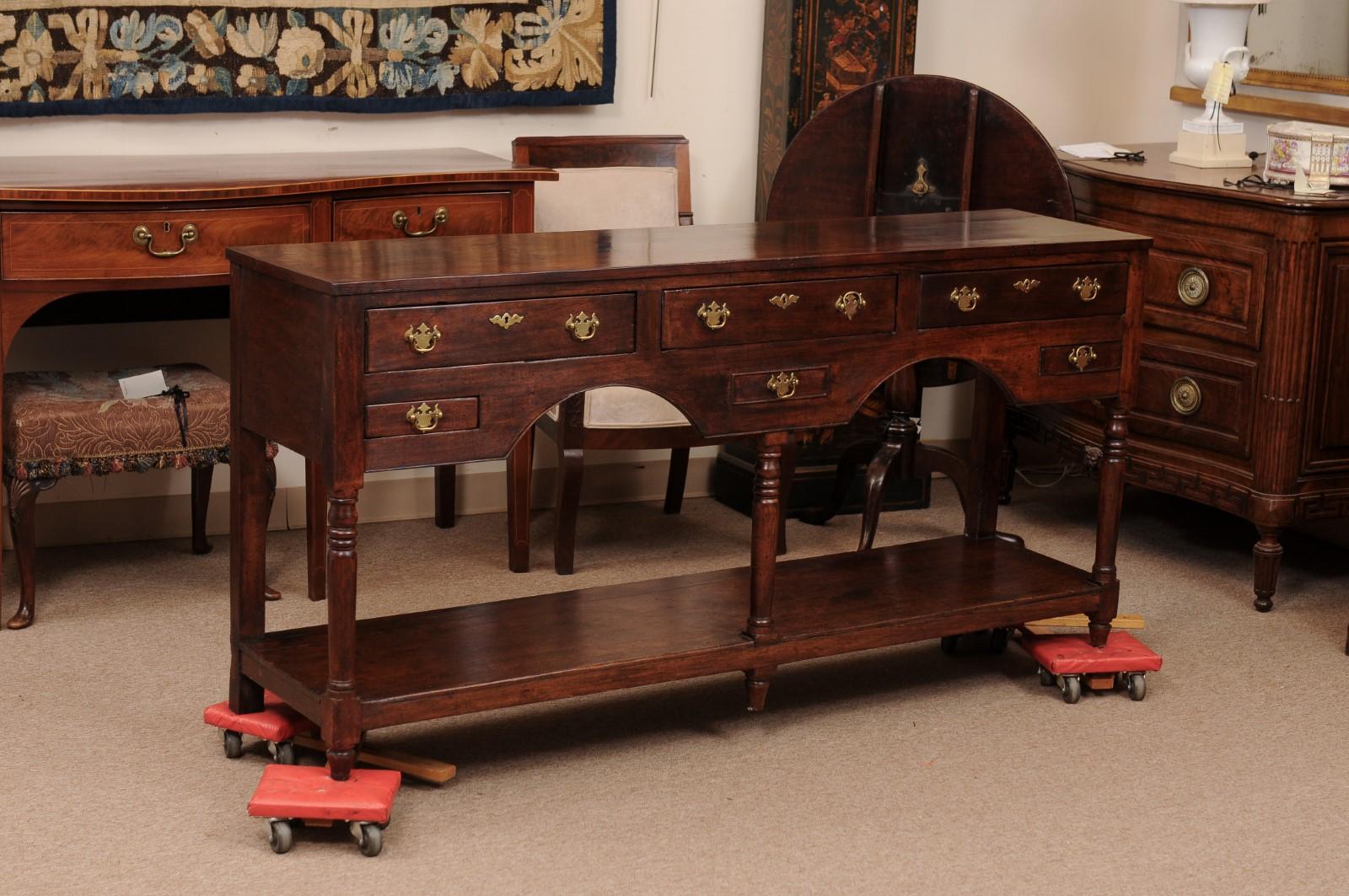 19th Century English Oak Dresser Base / Server with 6 Drawers, Turned Supports and Pot Board Below
