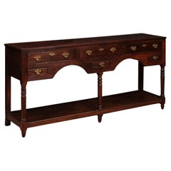 19th Century English Oak Dresser Base / Server with 6 Drawers, Turned Supports a