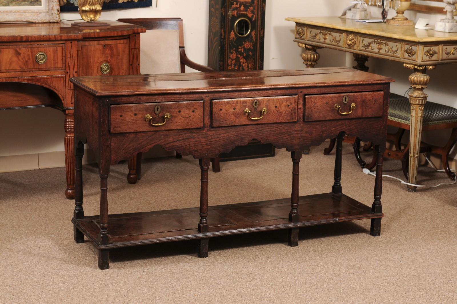 19th Century English Oak Dresser Base / Server with Potboard & 3 Drawers In Fair Condition For Sale In Atlanta, GA