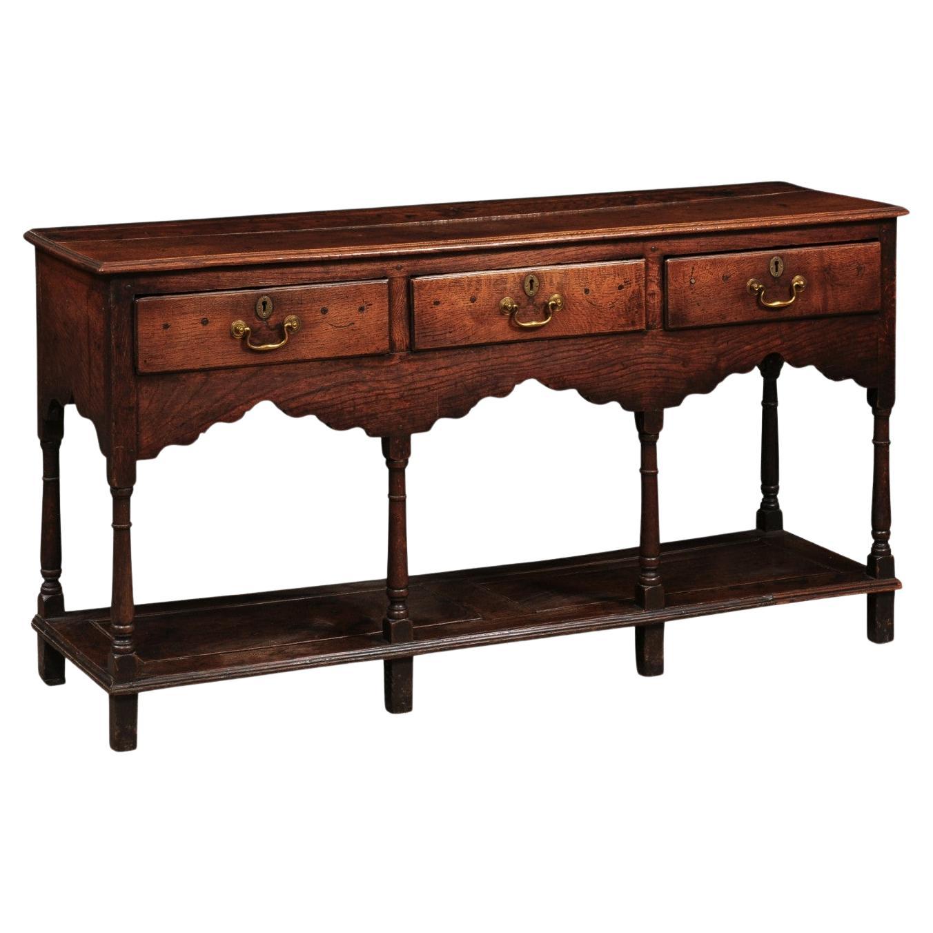 19th Century English Oak Dresser Base / Server with Potboard & 3 Drawers