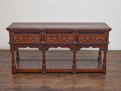 19th Century English Oak Dresser Base with Three Drawers and Open Shelf