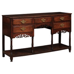 19th Century English Oak Dresserbase / Server with Pierced Apron, 5 Drawers & L