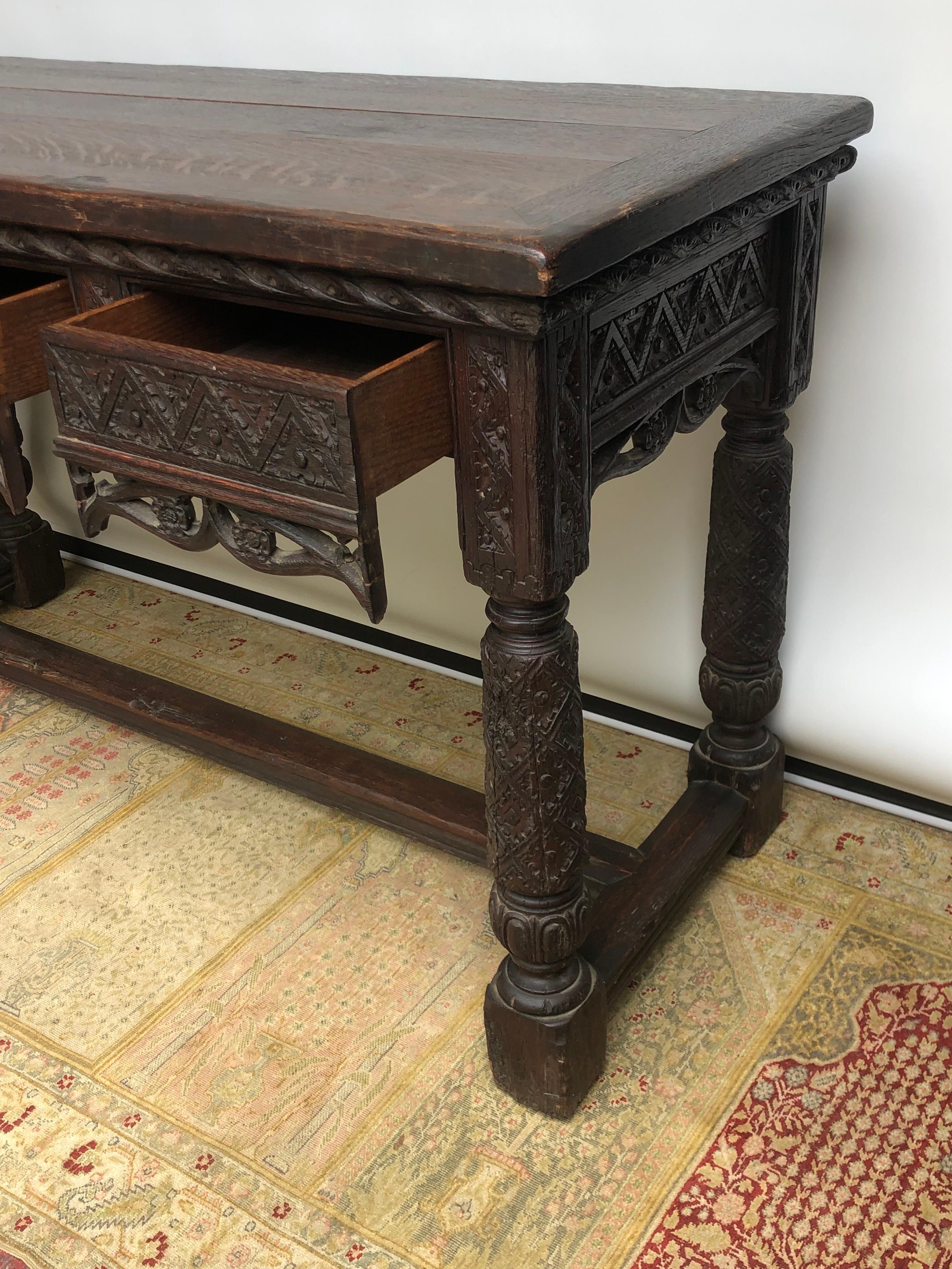 19th Century English Oak Elizabethan Gothic Style Hand Carved Console Hall Table 5