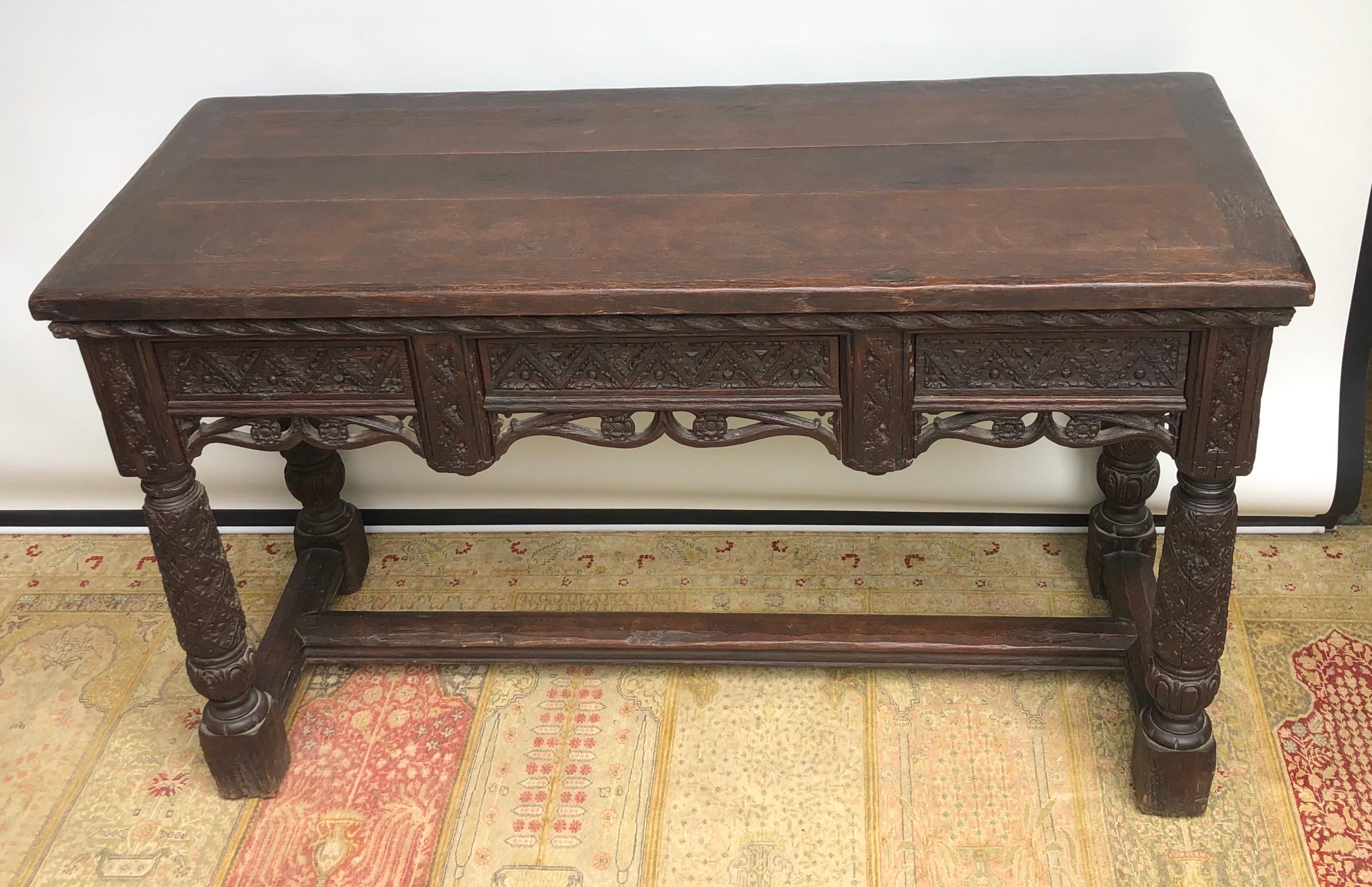 19th Century English Oak Elizabethan Gothic Style Hand Carved Console Hall Table 6