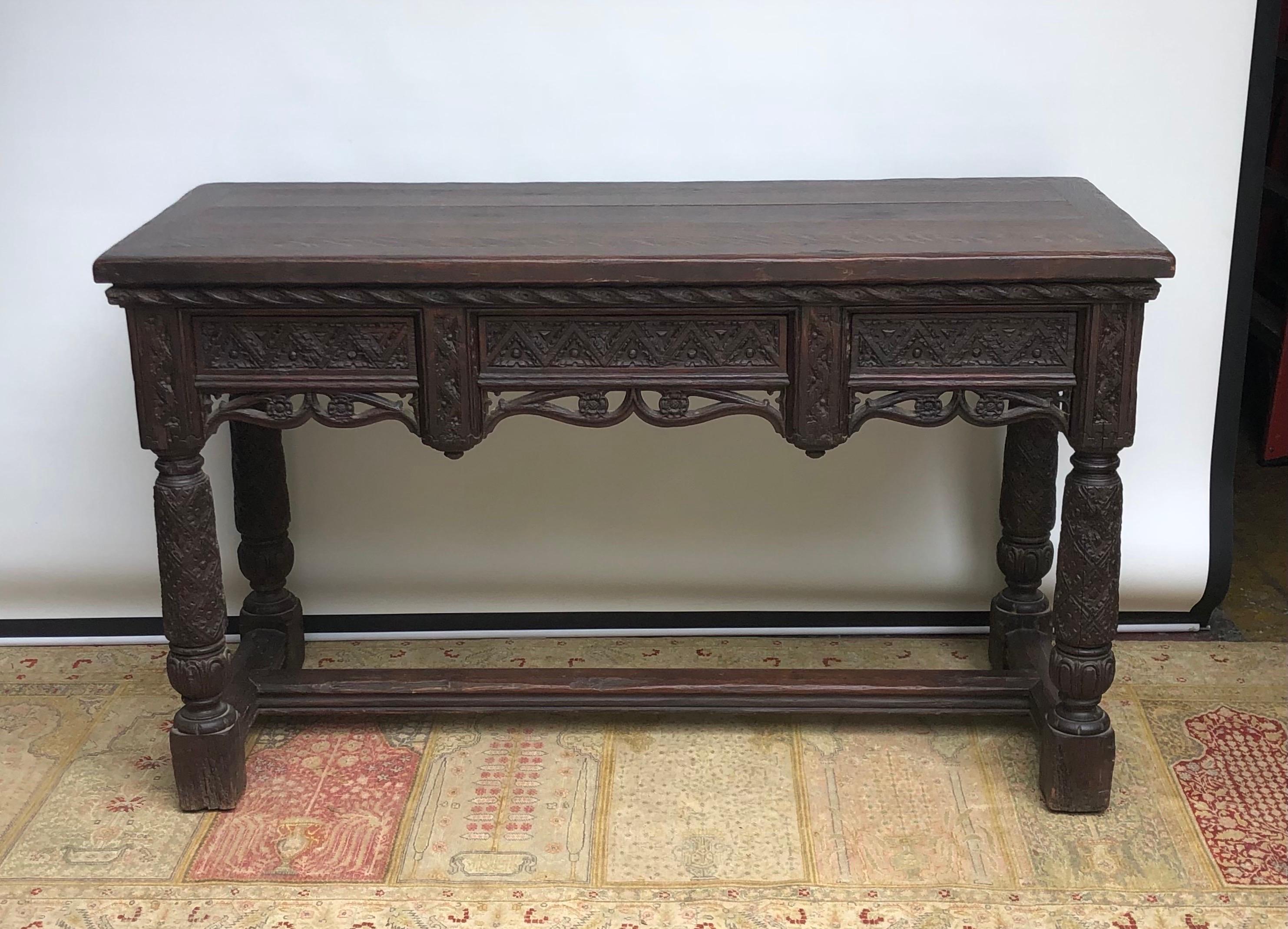 Renaissance Revival 19th Century English Oak Elizabethan Gothic Style Hand Carved Console Hall Table