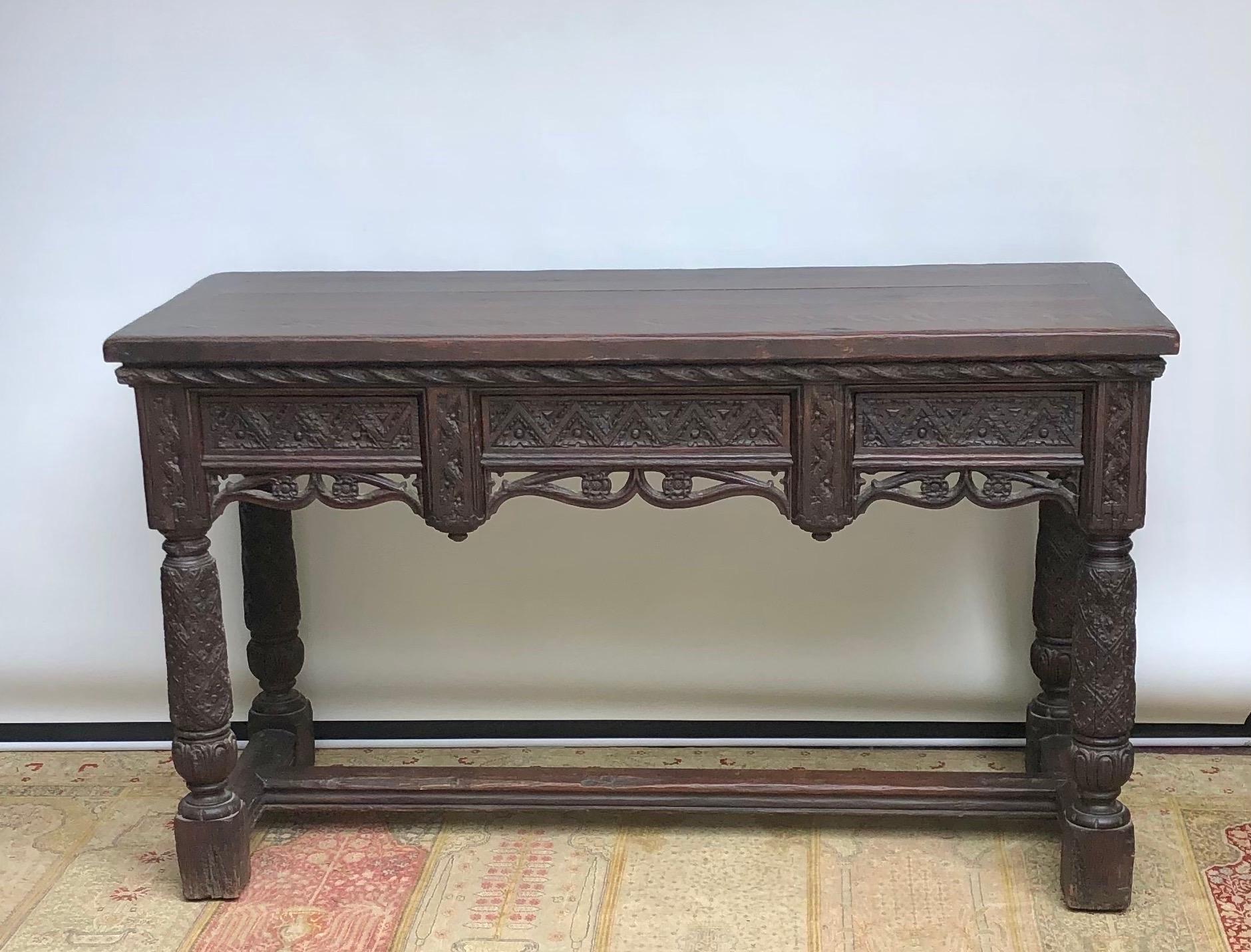 19th Century English Oak Elizabethan Gothic Style Hand Carved Console Hall Table 1