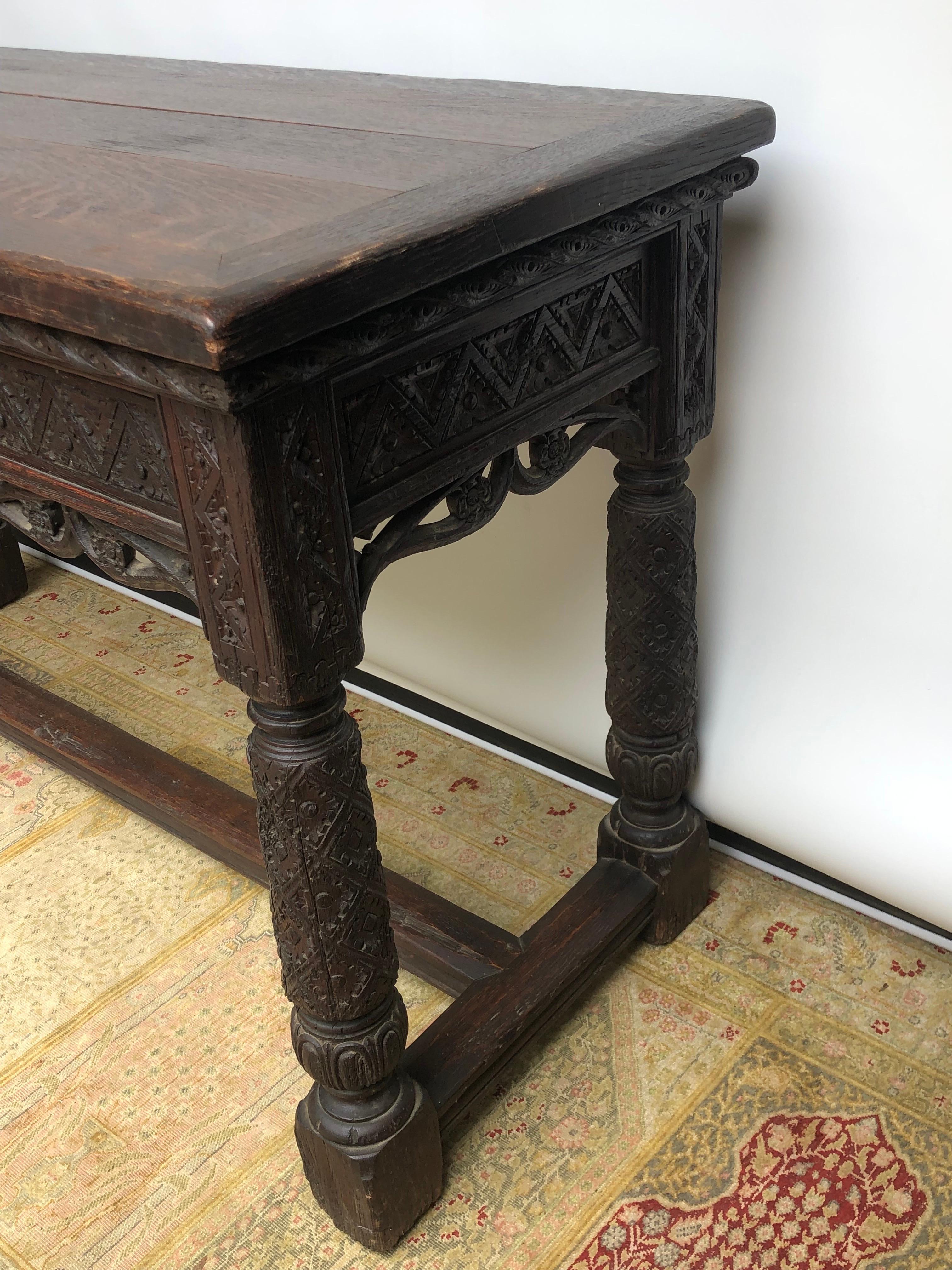 19th Century English Oak Elizabethan Gothic Style Hand Carved Console Hall Table 2