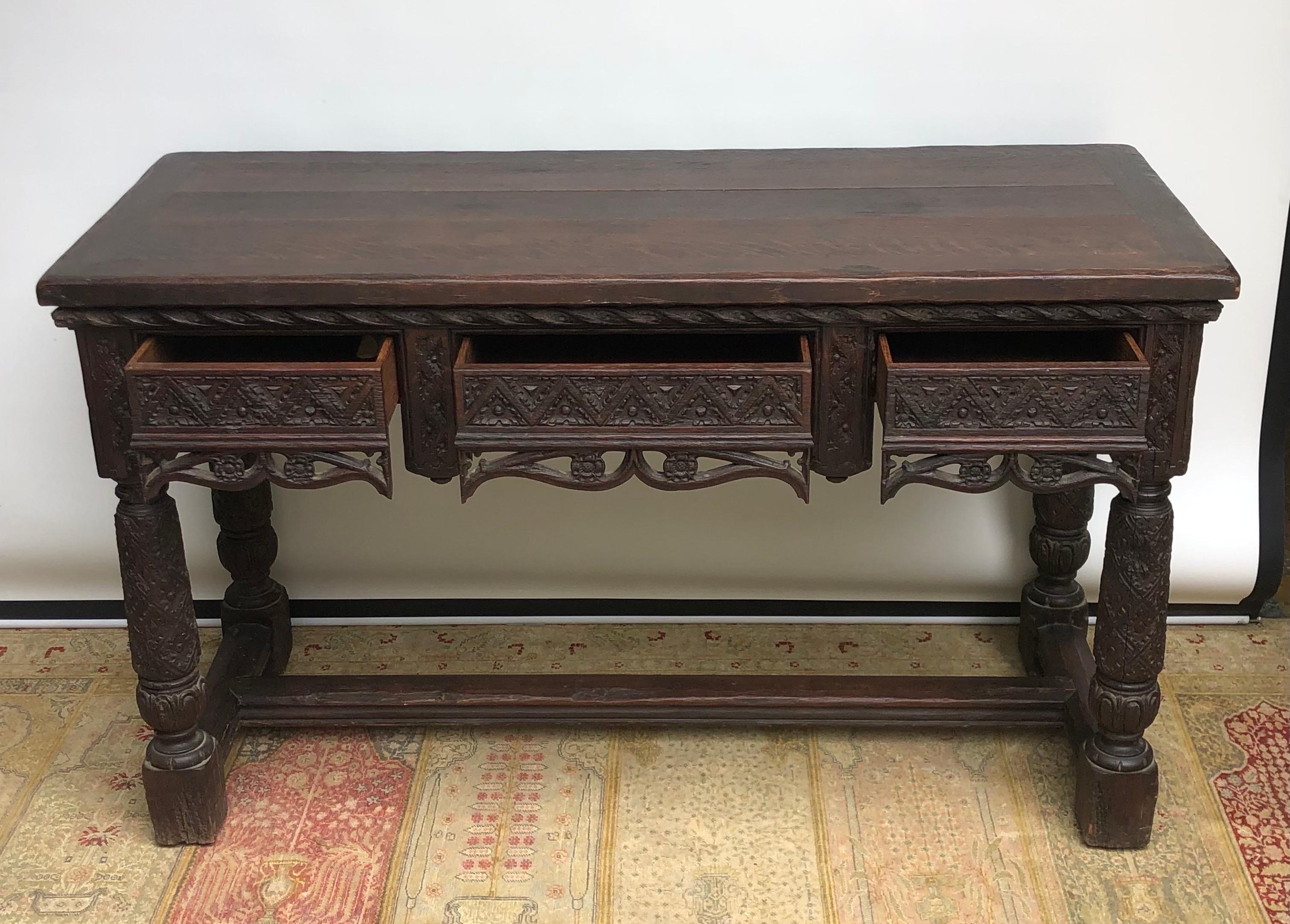 19th Century English Oak Elizabethan Gothic Style Hand Carved Console Hall Table 3