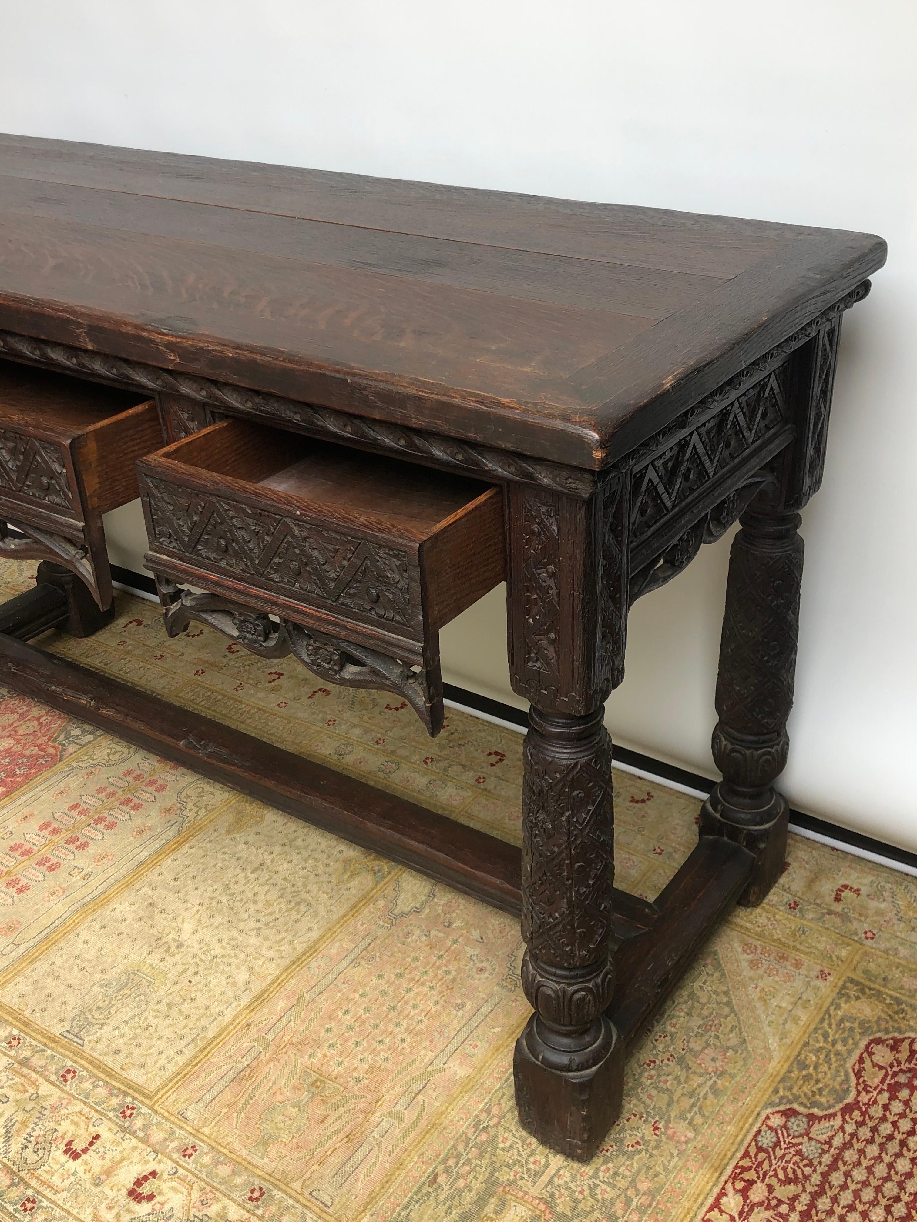 19th Century English Oak Elizabethan Gothic Style Hand Carved Console Hall Table 4