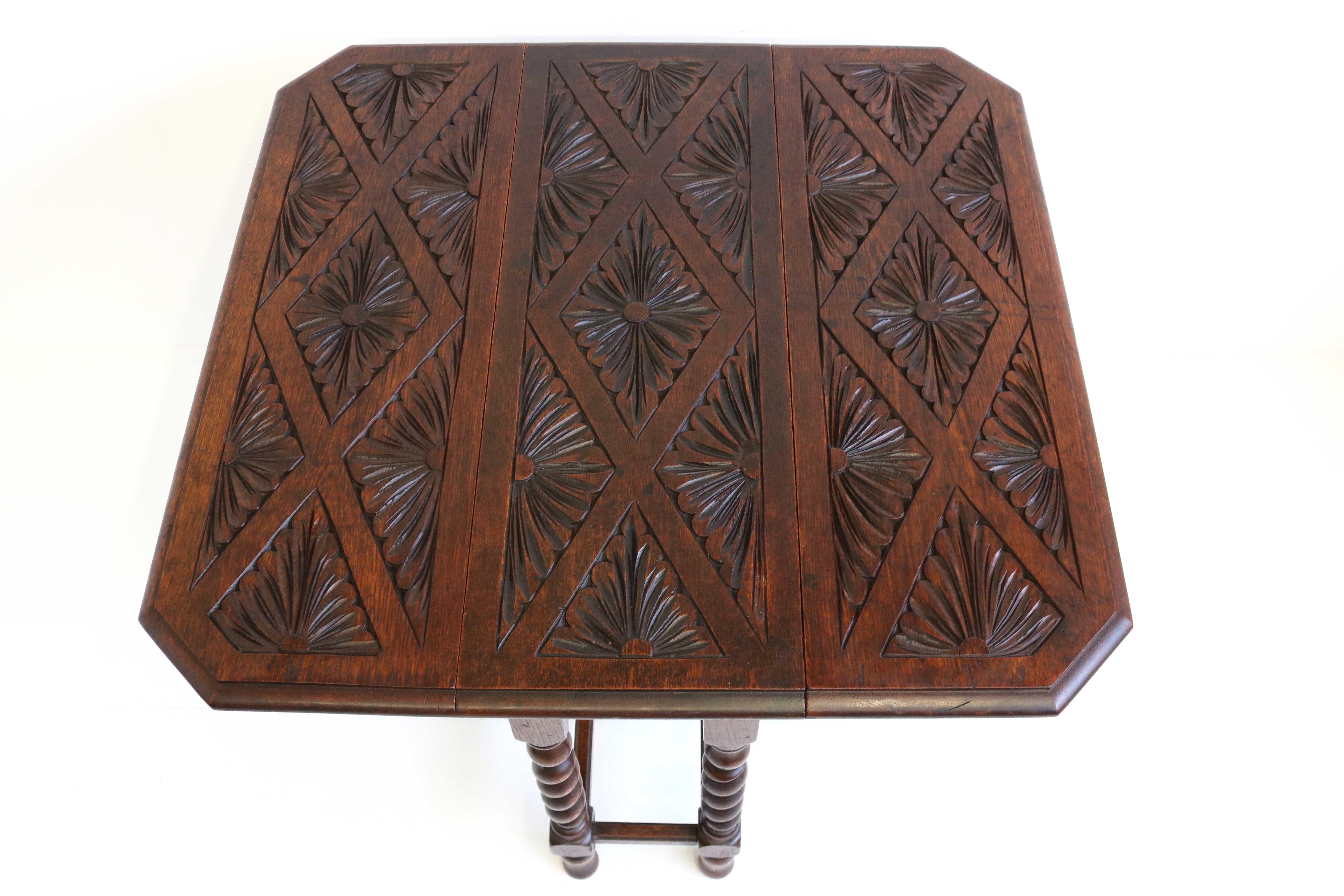 19th Century English Oak Flower Carved Gate-Leg Table Barley Twist Drop Leaf 5