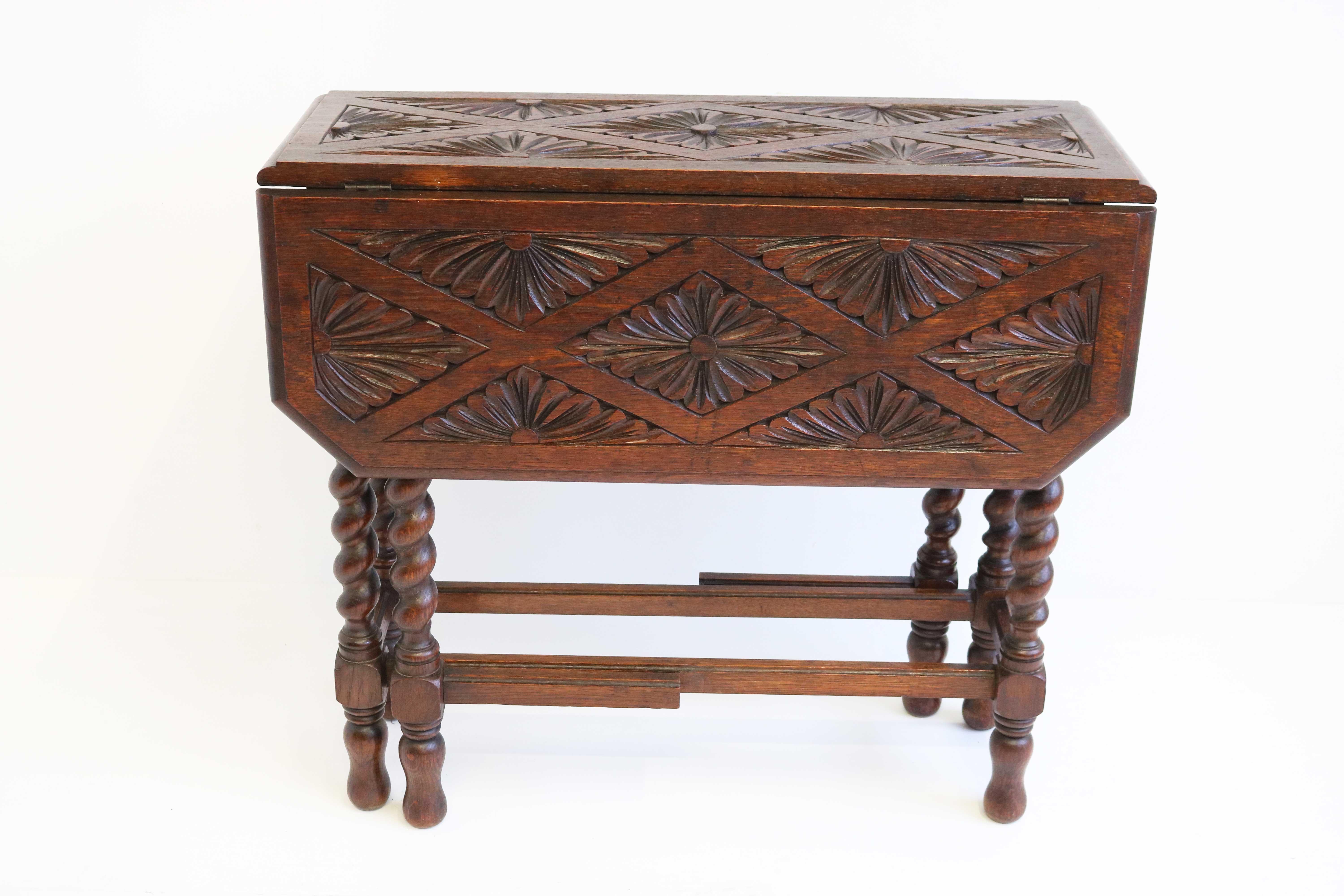 19th Century English Oak Flower Carved Gate-Leg Table Barley Twist Drop Leaf 1