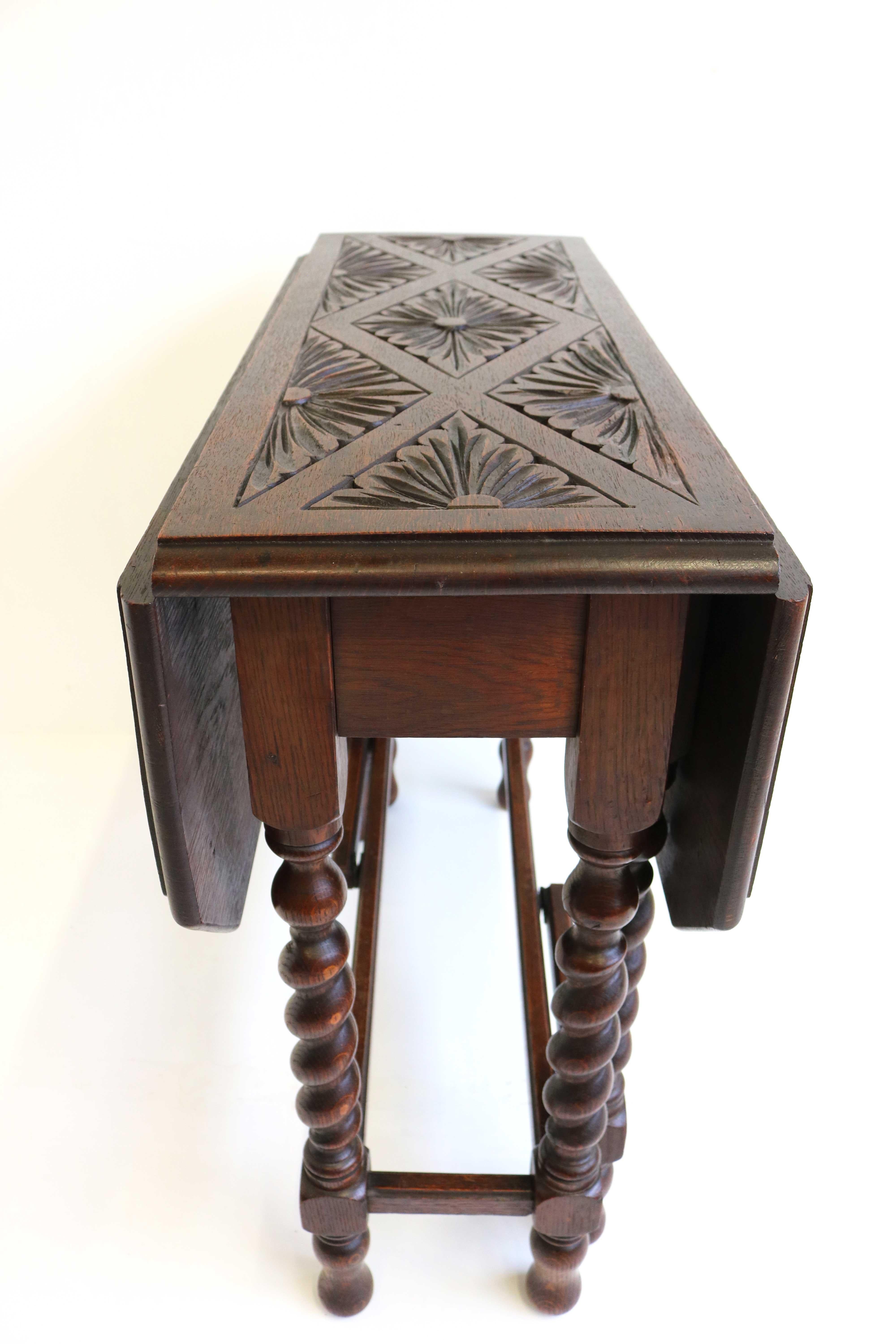 19th Century English Oak Flower Carved Gate-Leg Table Barley Twist Drop Leaf 3