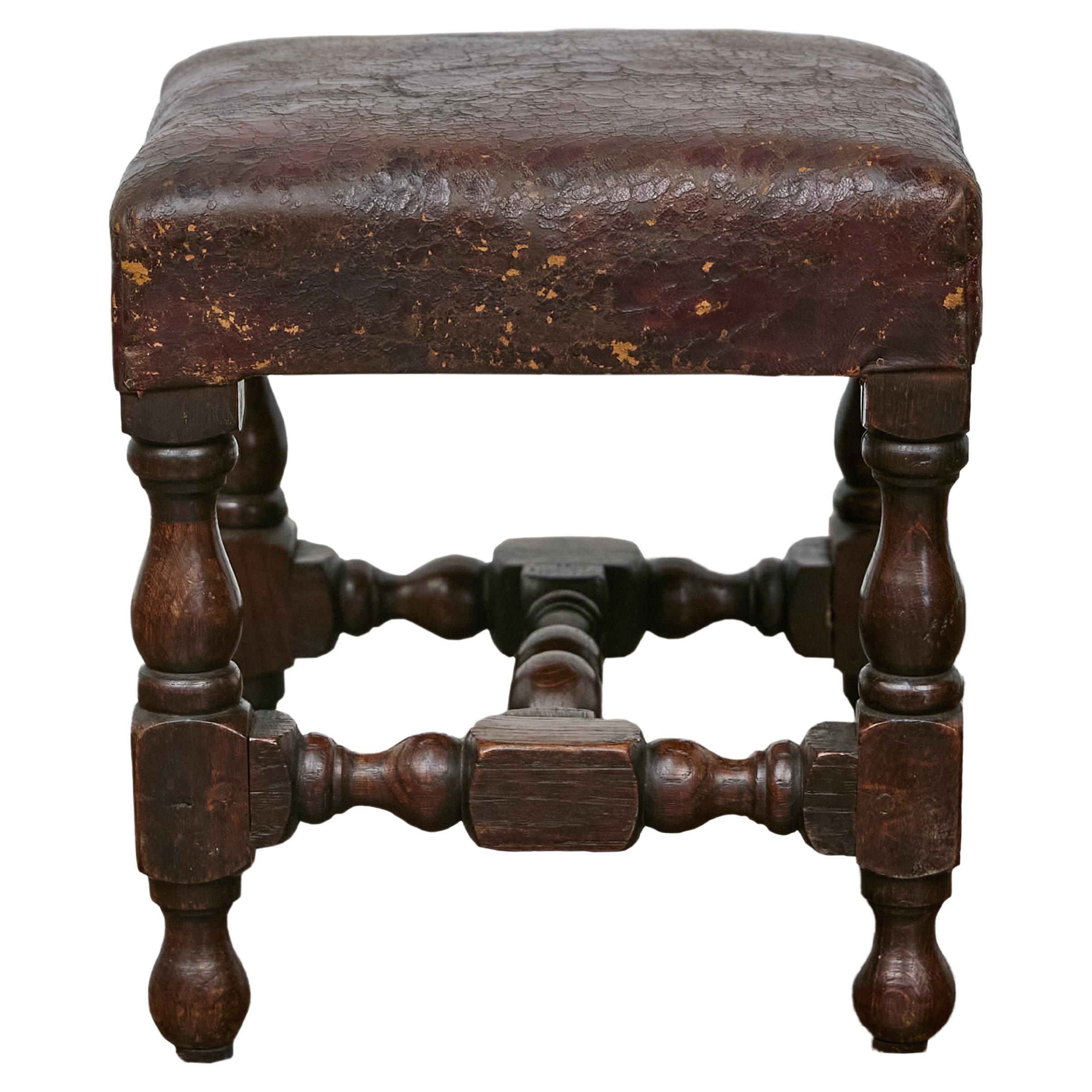 19th Century English Oak Footstool with Leather Seat and Turned Legs