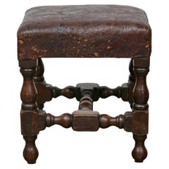 19th Century English Oak Footstool with Leather Seat and Turned Legs