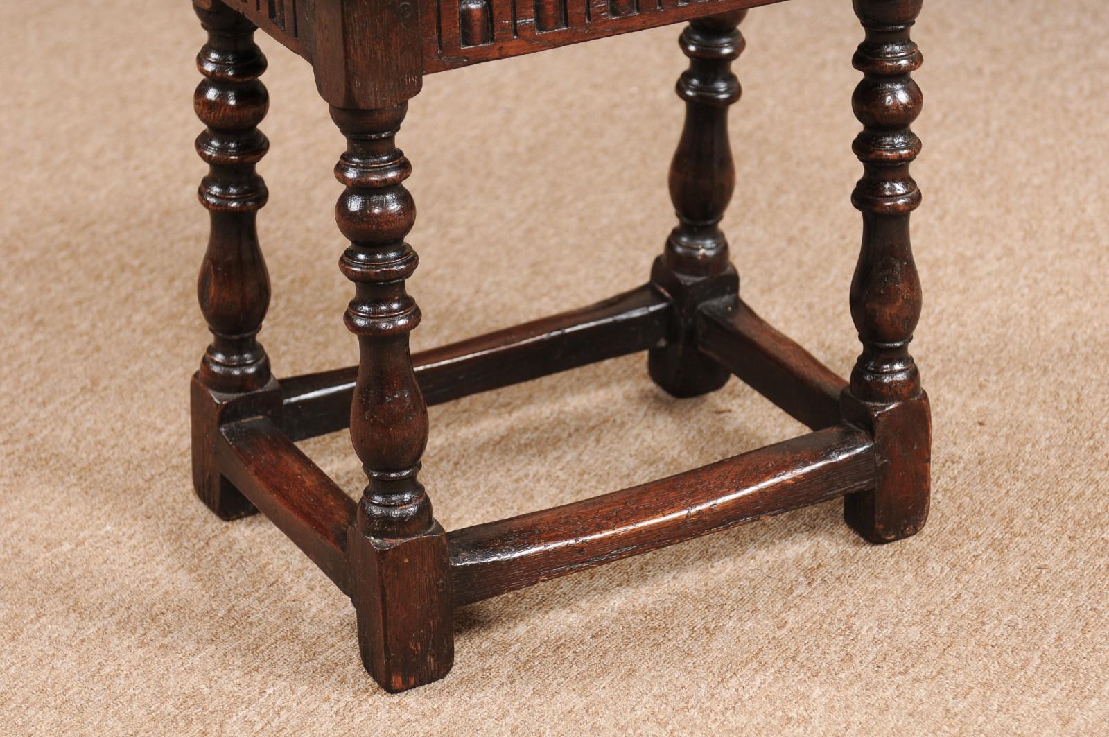 Carved 19th Century English Oak Joint Stool with Turned Legs