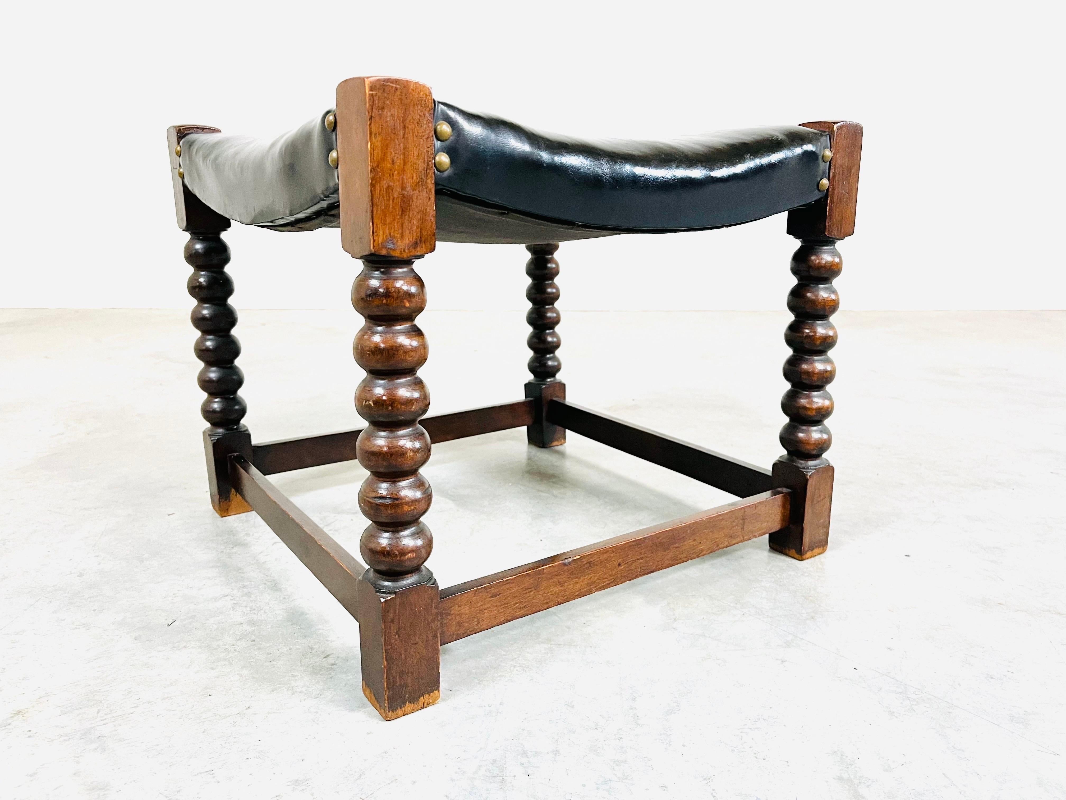 Hand-Carved 19th Century, English Oak & Leather Jacobean Stool For Sale