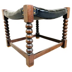 19th Century, English Oak & Leather Jacobean Stool