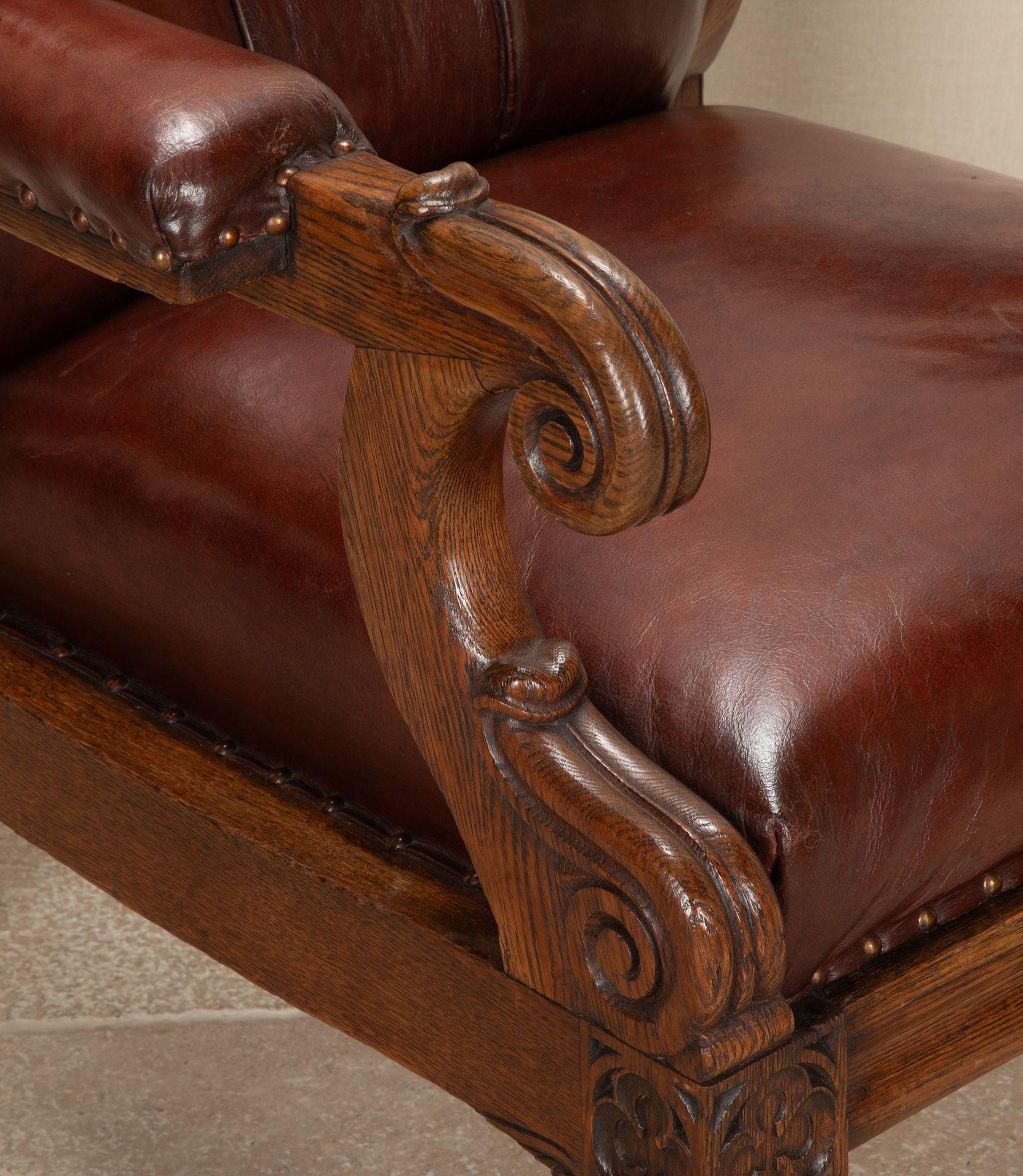 19th Century English Oak Leather Library Chair For Sale 6