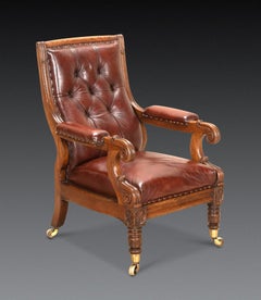 19th Century English Oak Leather Library Chair