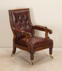 19th Century English Oak Leather Library Chair