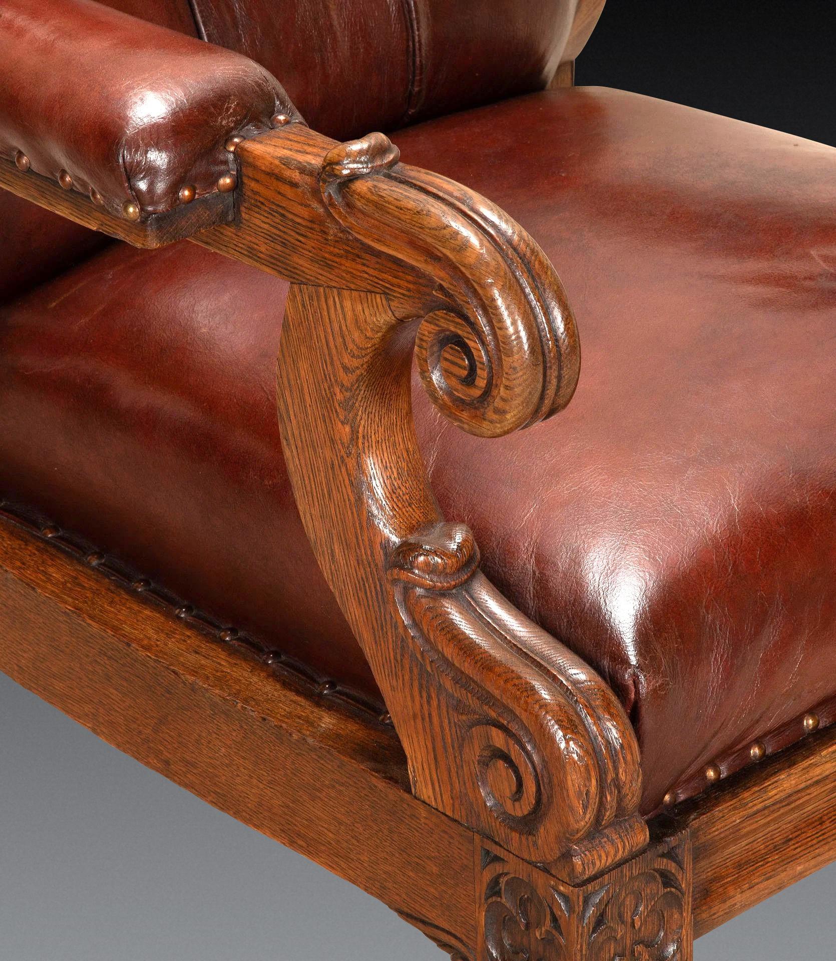 Ottone Sedia da biblioteca inglese in pelle di Oak del XIX secolo in vendita