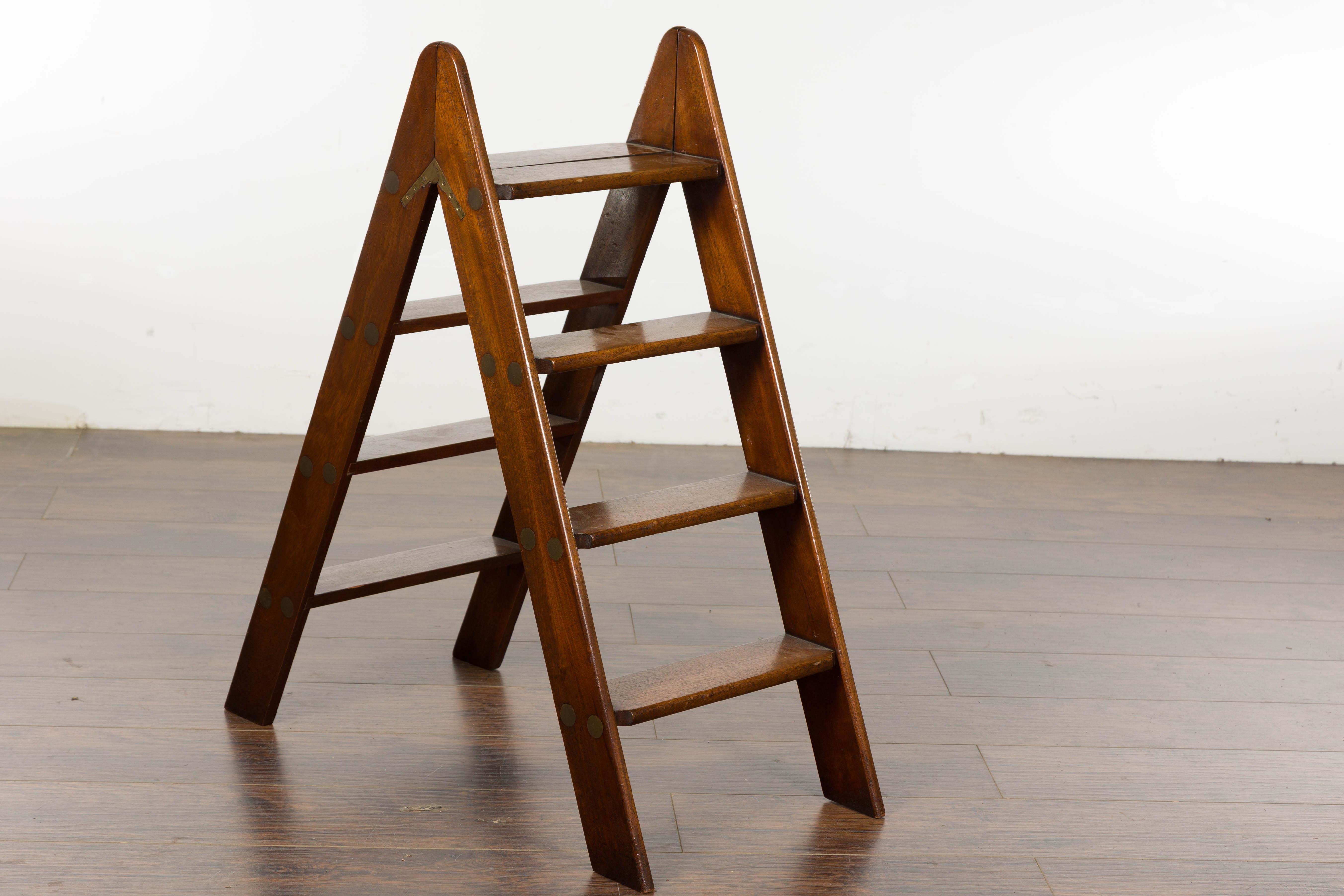 19th Century English Oak Library Step Ladder with Brass Hardware 2