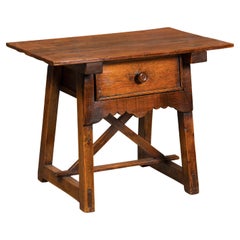 Antique 19th Century English Oak Low Side Table with Single Drawer and Carved Apron