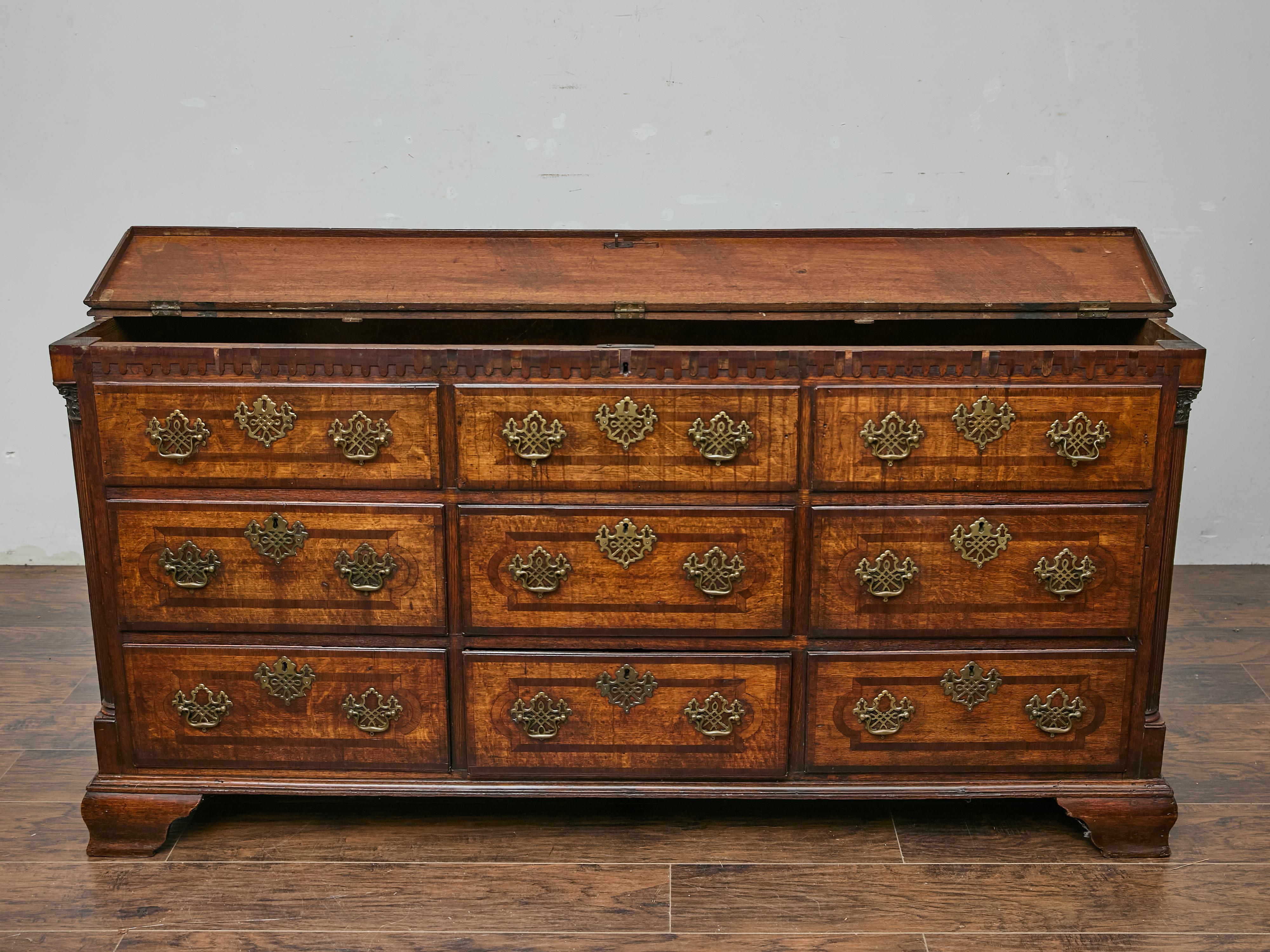 Brass 19th Century English Oak Mule Chest with Lift-Top Compartment and Six Drawers