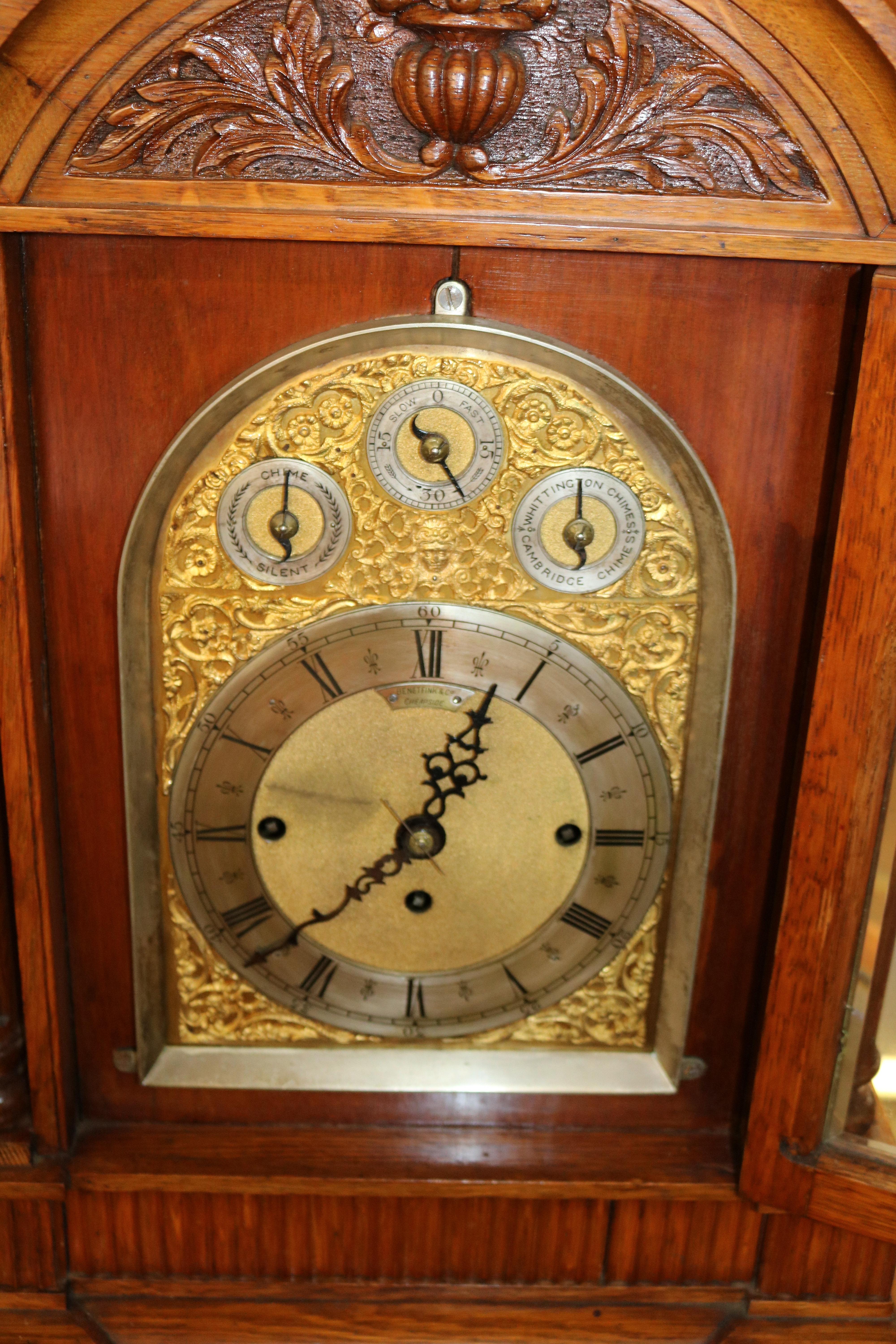 19th Century English Oak Musical Mantel Bracket Clock Retailed Benetfink & CO For Sale 7