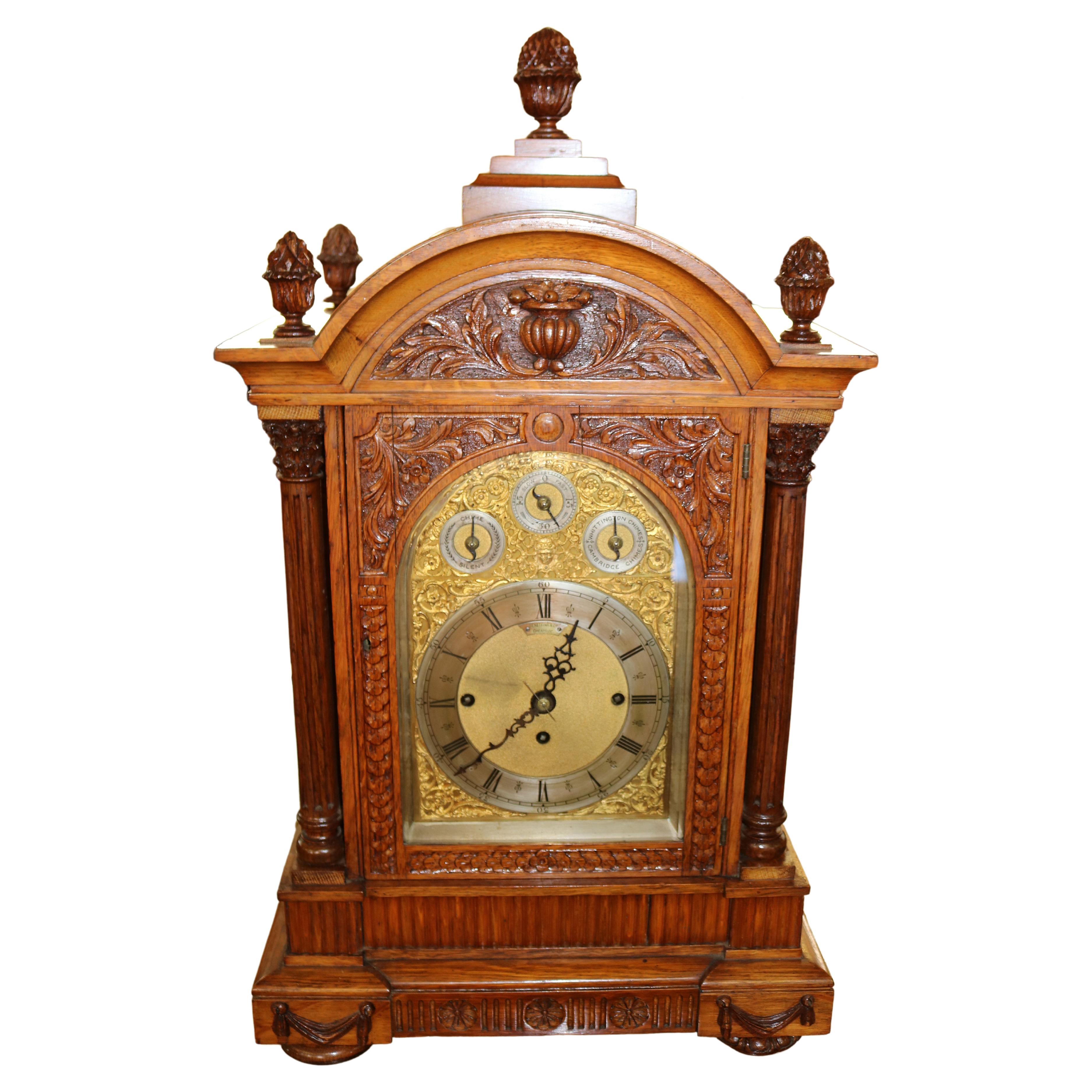 19th Century English Oak Musical Mantel Bracket Clock Retailed Benetfink & CO For Sale