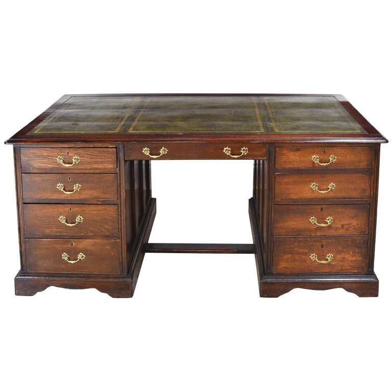 19th Century English Oak Pedestal Desk with Green Tooled Leather Top at