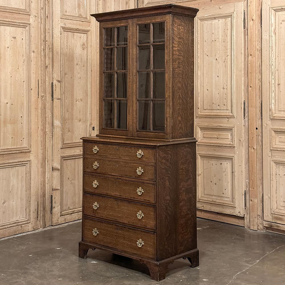 19th Century English Oak Secretary ~ Bookcase was designed for a very efficient floor plan, indeed!  Hand-crafted from solid oak with 16 glass panes allowing display above, and solid brass bale pulls in the Chippendale style on the drawers below, it