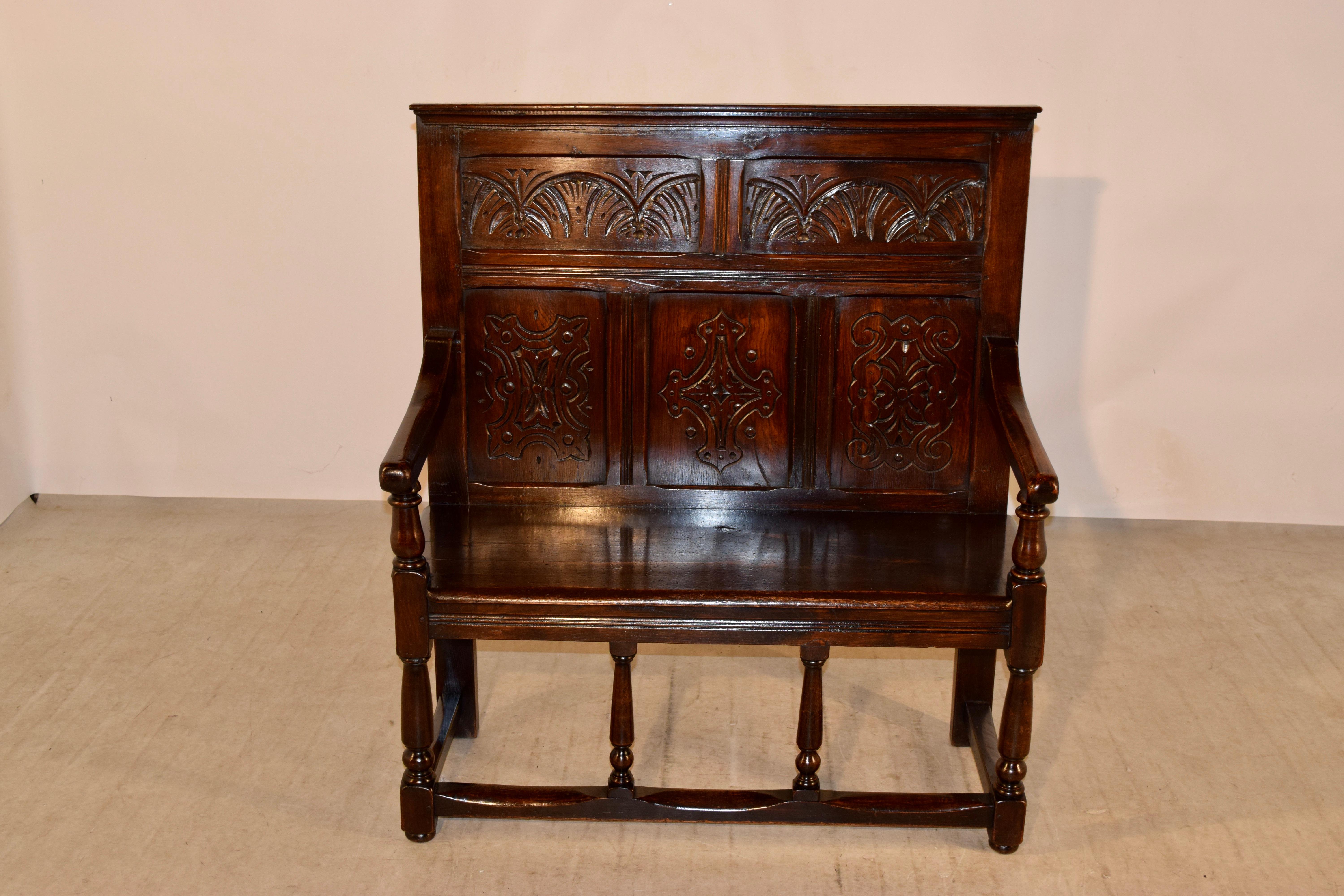 Hand-Carved 19th Century English Oak Settle