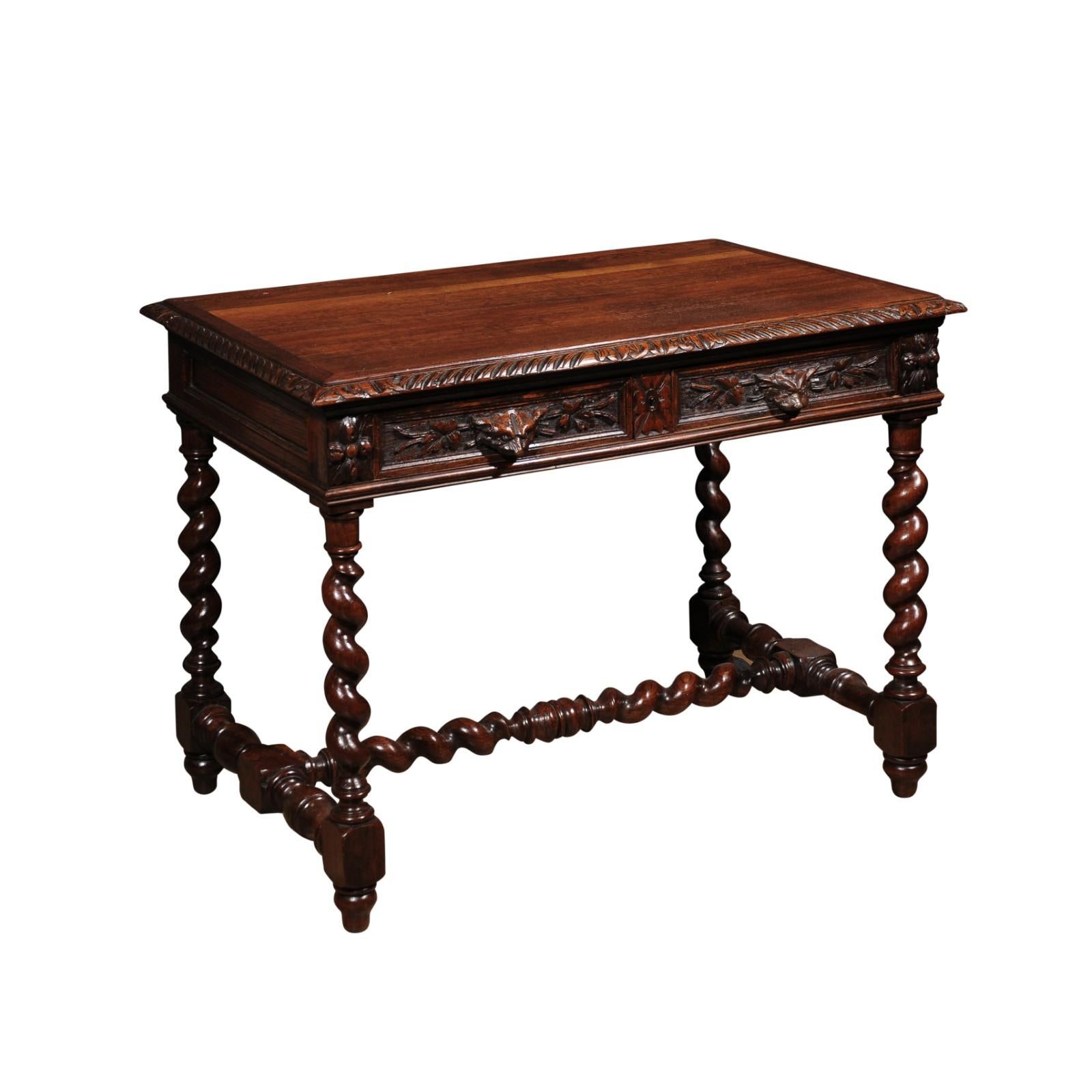 Tavolino in Oak inglese del XIX secolo Doppi cassetti Maniglie a volpe Barley Twist in vendita 1